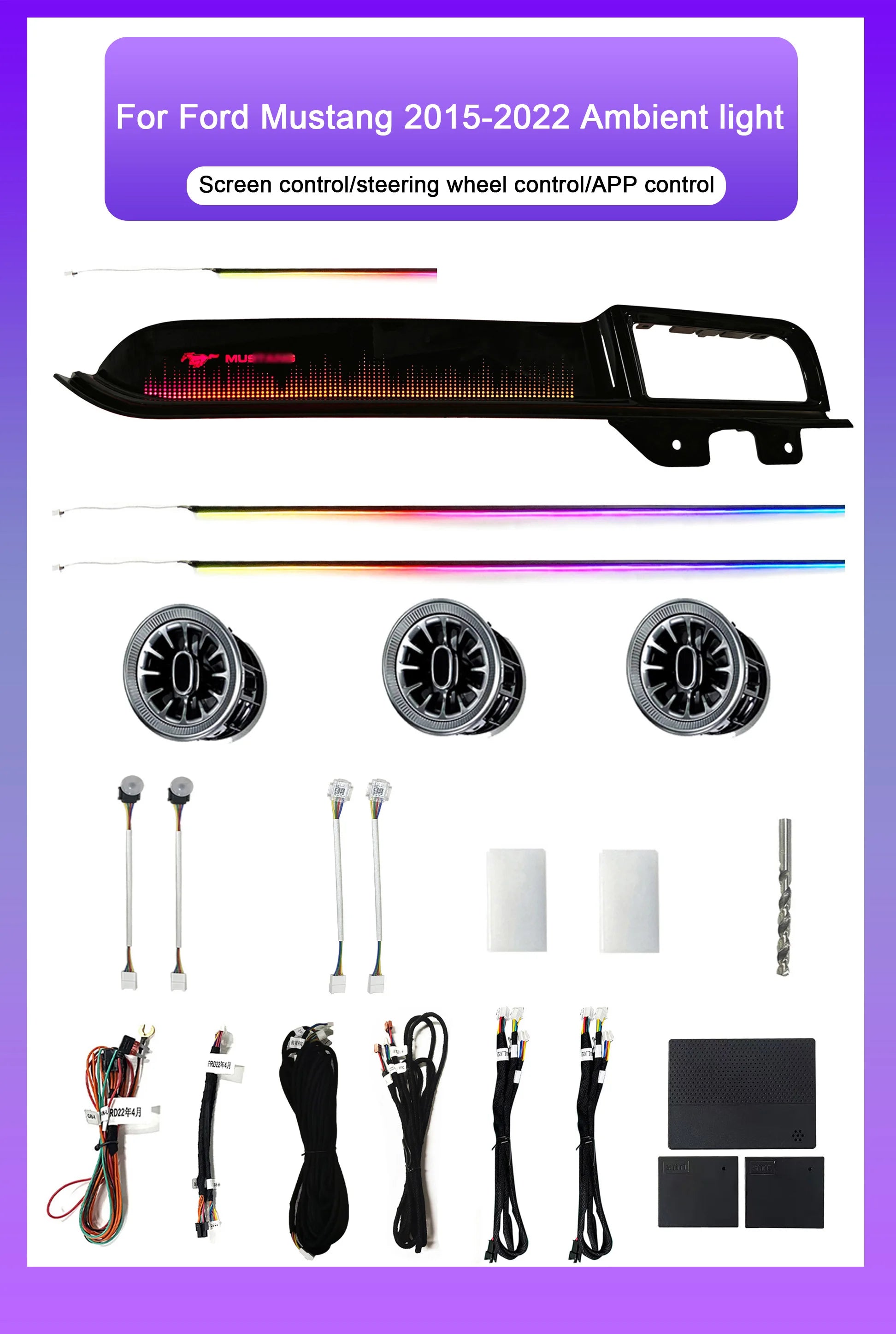 SJC Auto LED Ambient Lighting for Ford Mustang 2015-2022 Model Car Interior Symphony 64-color Atmosphere Lighting air Vent Kit