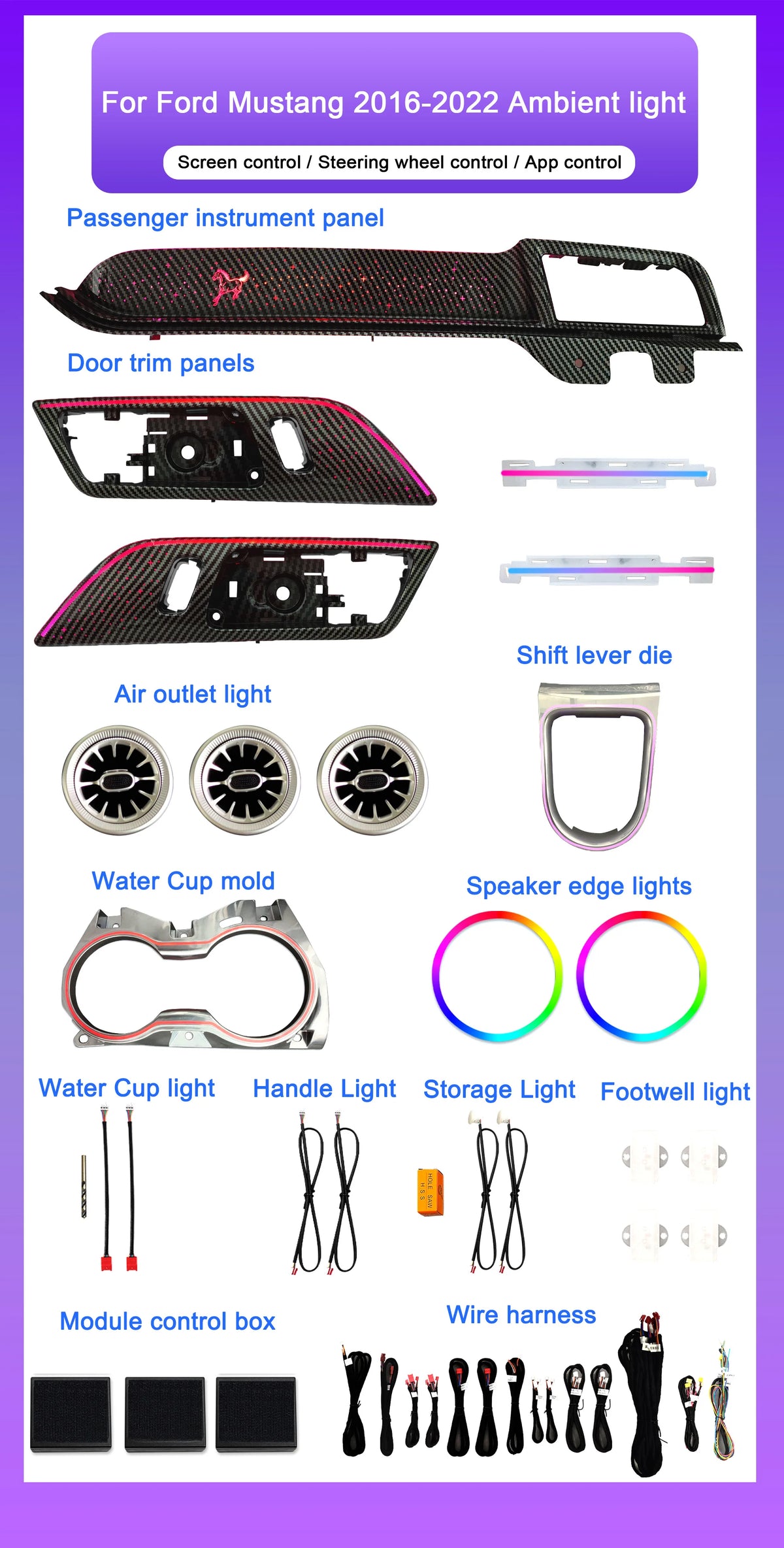 Upgrade Car Ambient Light for Ford Mustang 2012-2022 Car Interior 256 Colors Led  Light Car Accessories Interior Decoration