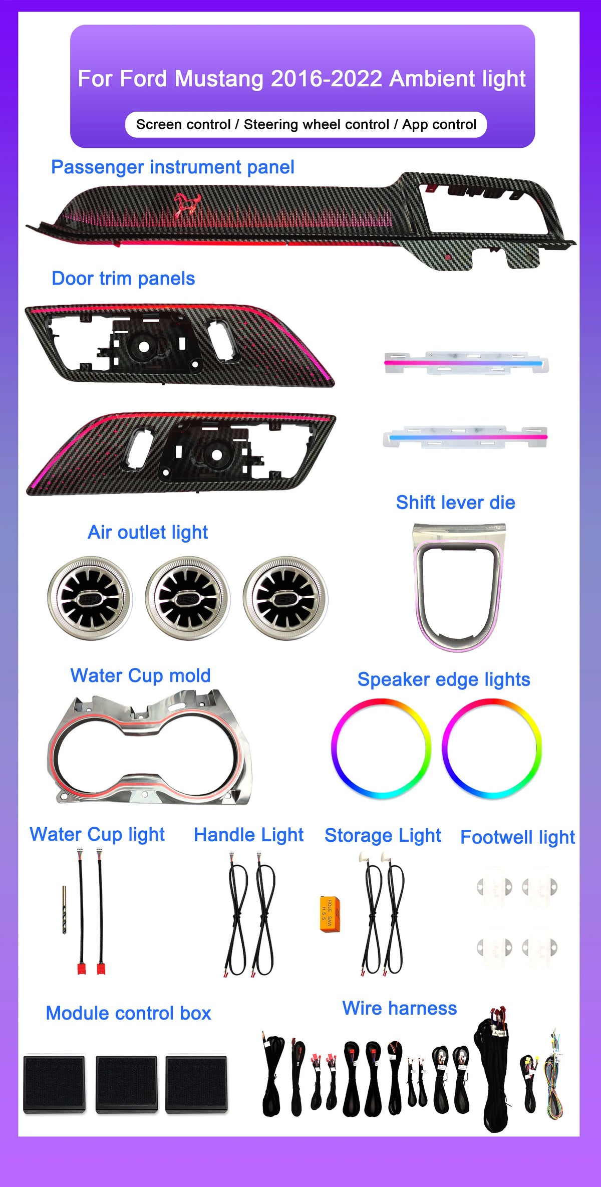Upgrade Car Ambient Light for Ford Mustang 2012-2022 Car Interior 256 Colors Led  Light Car Accessories Interior Decoration