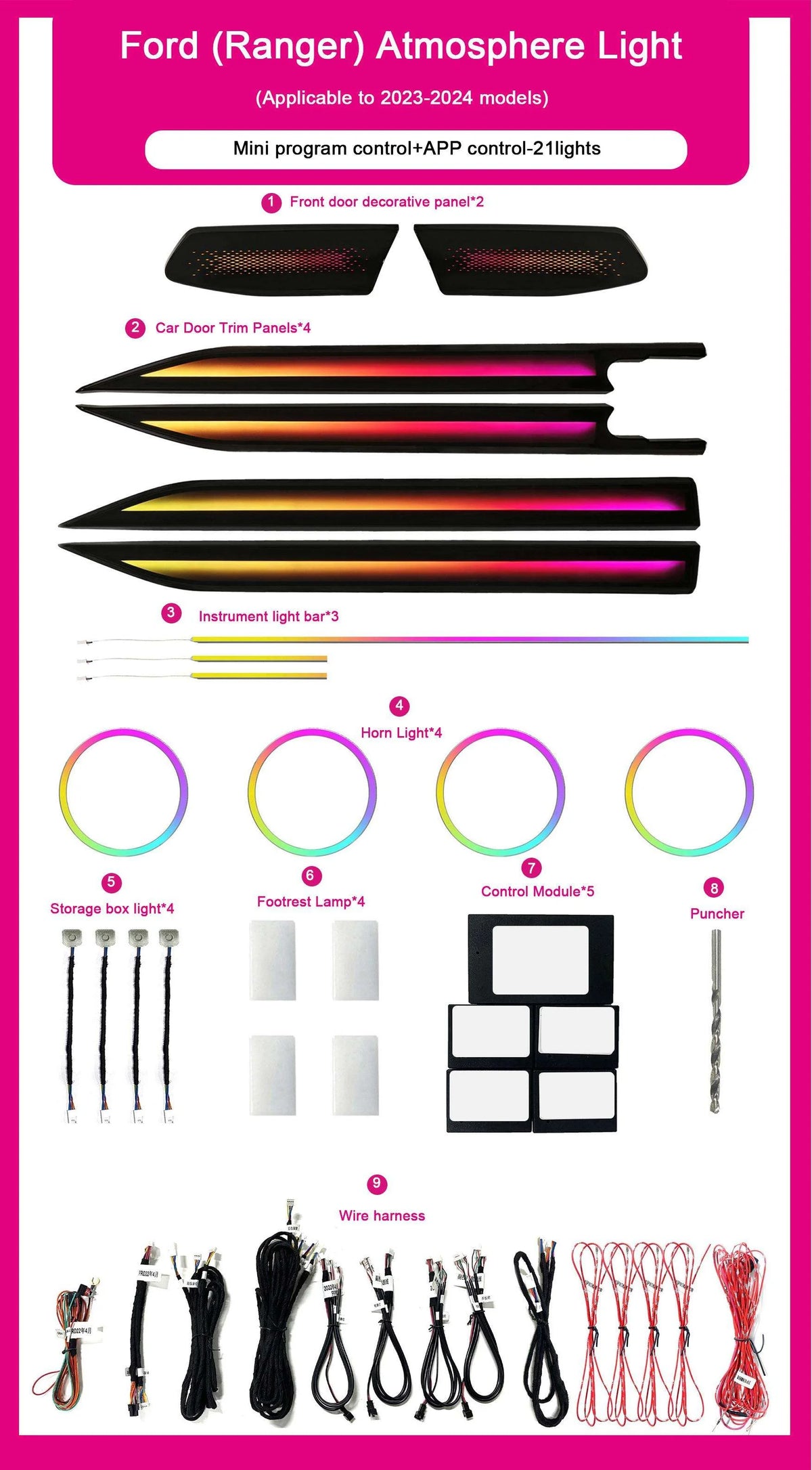 64 Colors APP Control Car Interior Ambient Light for Ford Ranger 2023-2024 Interior Decorative Lamp 21in1 for Car Upgrade