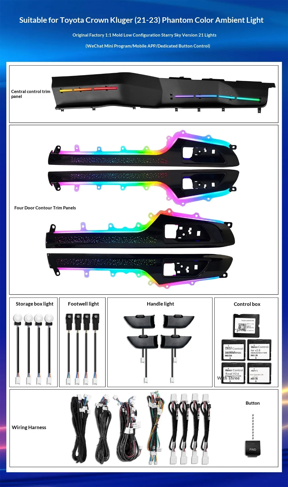 Starry Sky Style Car Ambient Light for Toyota Highlander/Kluger XU70 2022-2024 Auto Car Led Lights for Interior Upgrade