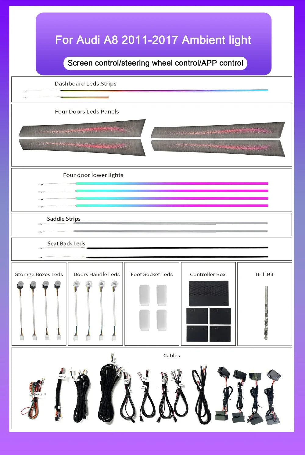 Upgrade Car Interior 64-color Ambient Lighting For Audi A8 A8L Models 2011-2017 Colorful Symphony LED Ambient Light Kit
