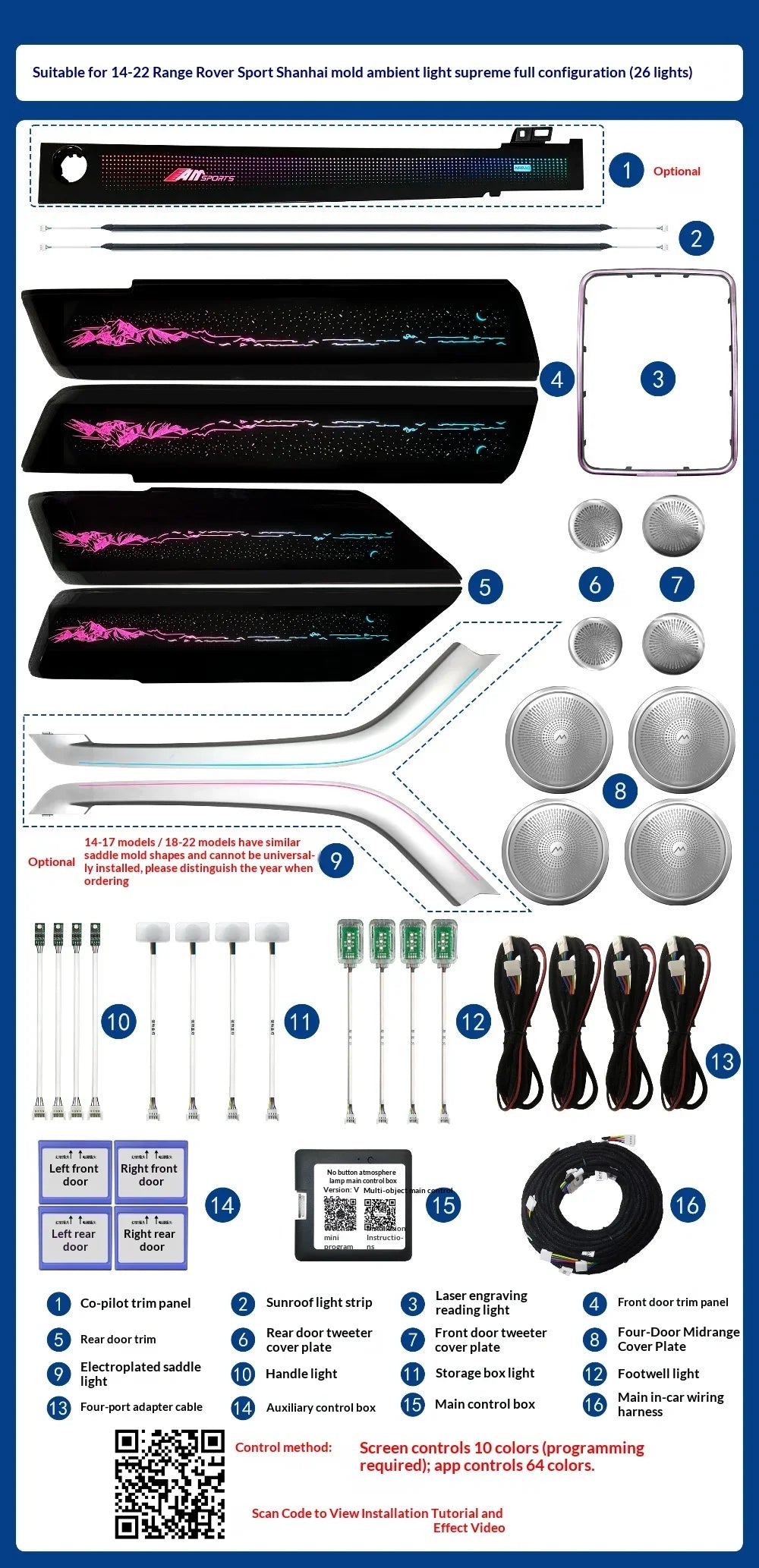 64 Color Car Interior Ambient Lighting for Land Rover Vogue Sport 2014-2017 Auto LED Lights Kit for Decoration Upgrade