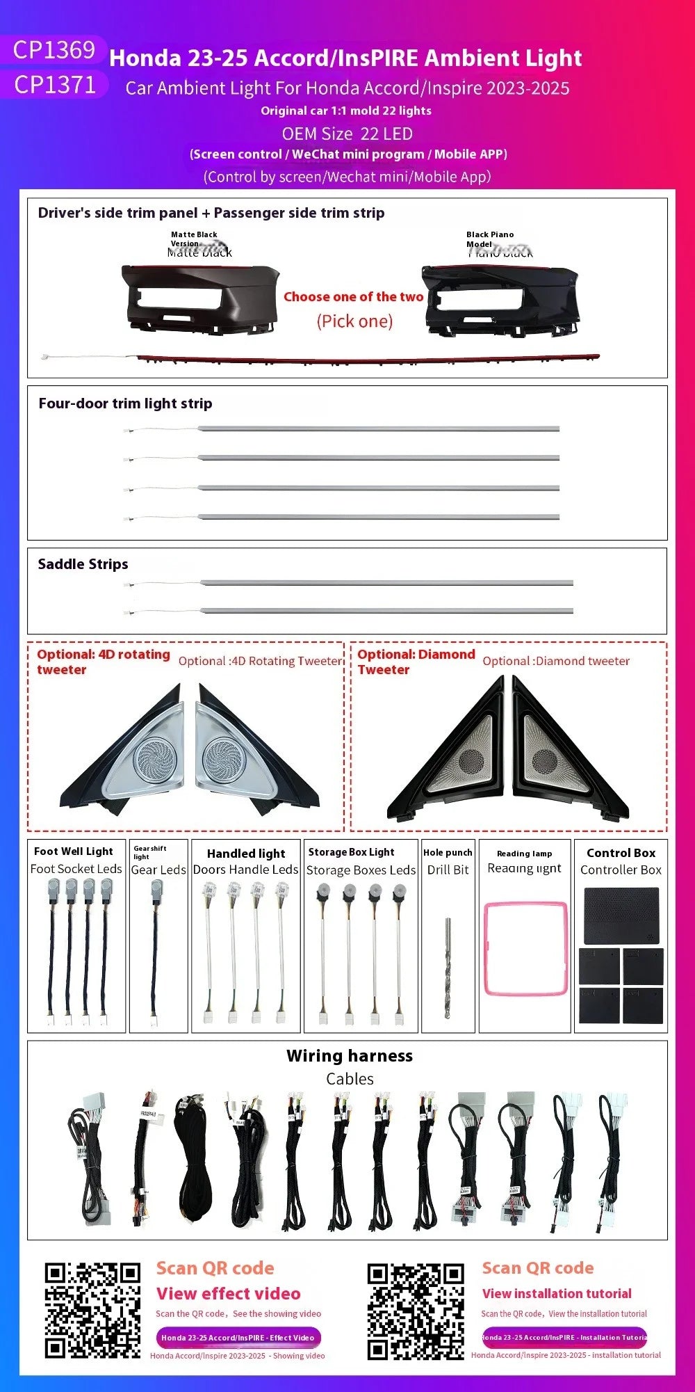 Automotive Inter LED Ambient Light for Honda Accord 11th Gen 2023-2025 64 color dynamic Atmosphere door Panel Light APP control