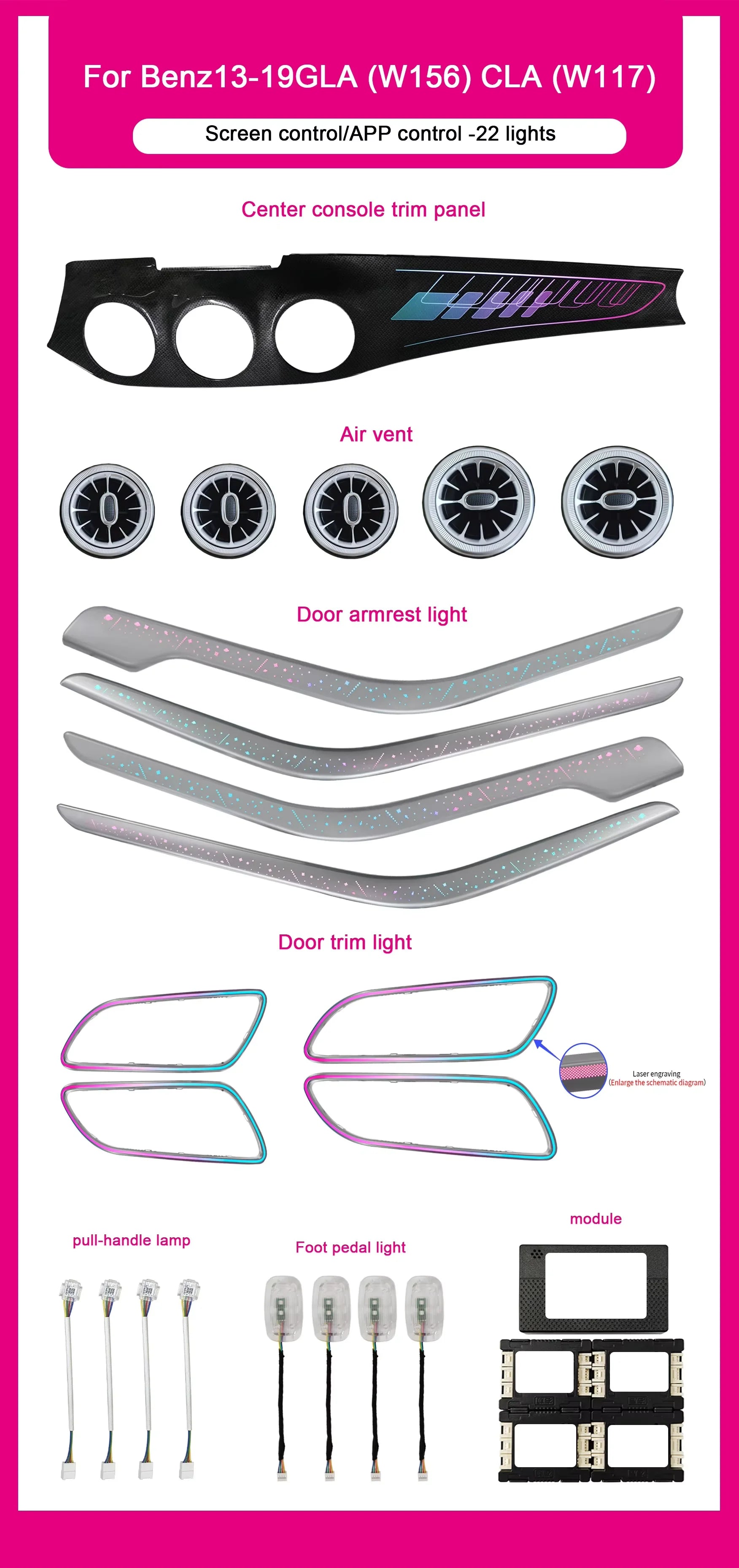 Ambient Lighting For Mercedes Benz GLAW156 2013-2019 Upgraded 256 Color CLAW117 Symphony Ambient Light Interior Rainbow Kit