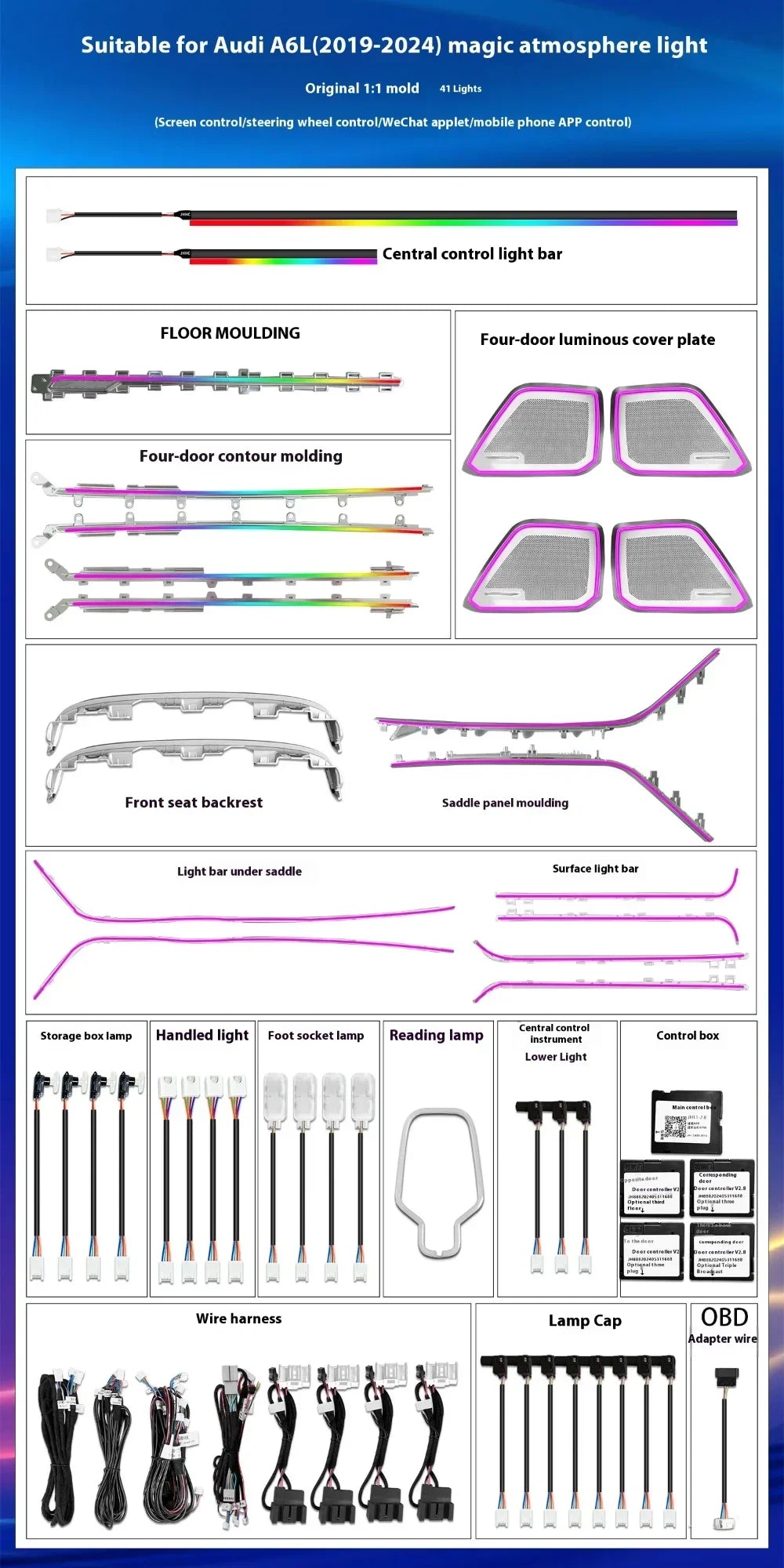 Auto AccessariesFront Dashboard Strip Led Car Interior Ambient Light Decoratefor Audi A6 A7 C8 2019-2025 Atmosphere Strip Access