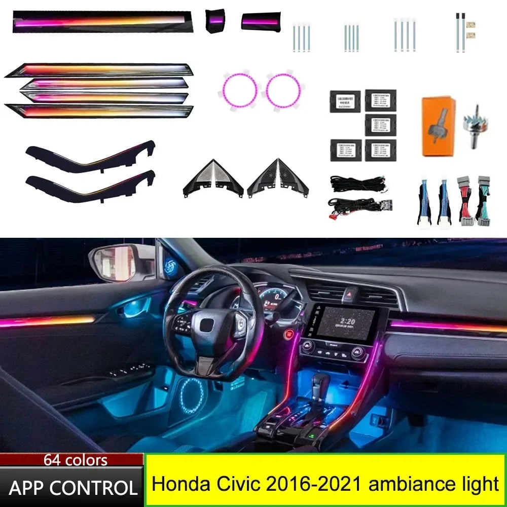 Auto Accessaries64 Colors LED Ambient Light For Honda Civic 10th 2016-2021 Dynamic Ambience Lamp Button +APP Control
