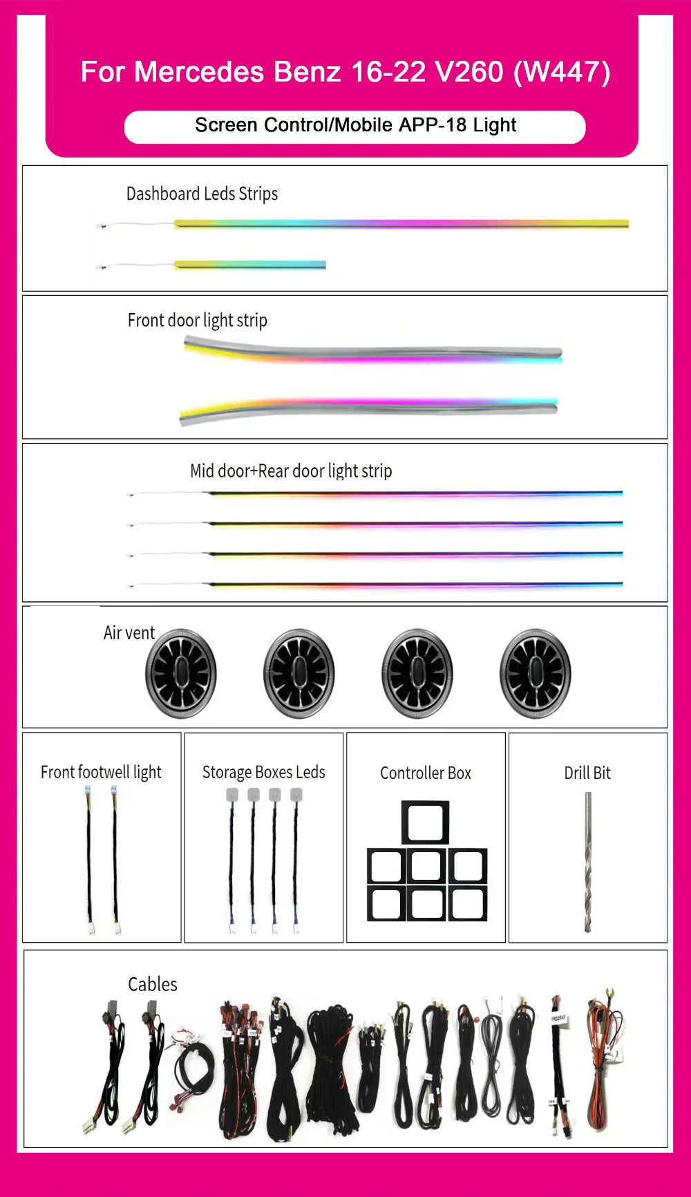 Auto LED Ambient Lighting For Mercedes-Benz V Class V260 W447 2016-2022 Interior 64-color Dynamic Symphony Air Vents Kit