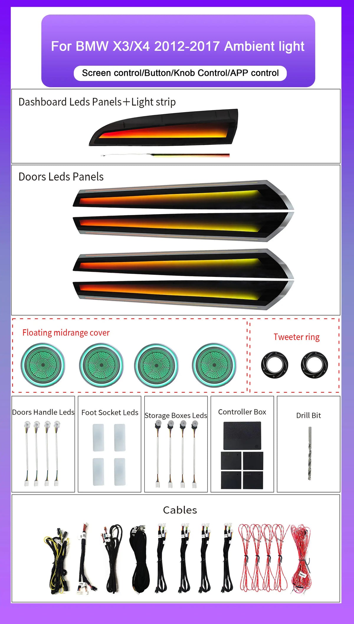 64 Color Rainbow Symphony Car Ambient Light for BMW X3 X4 F25 F26 2012-2017 Interior Atmosphere Lighting 12v Led Lights bar