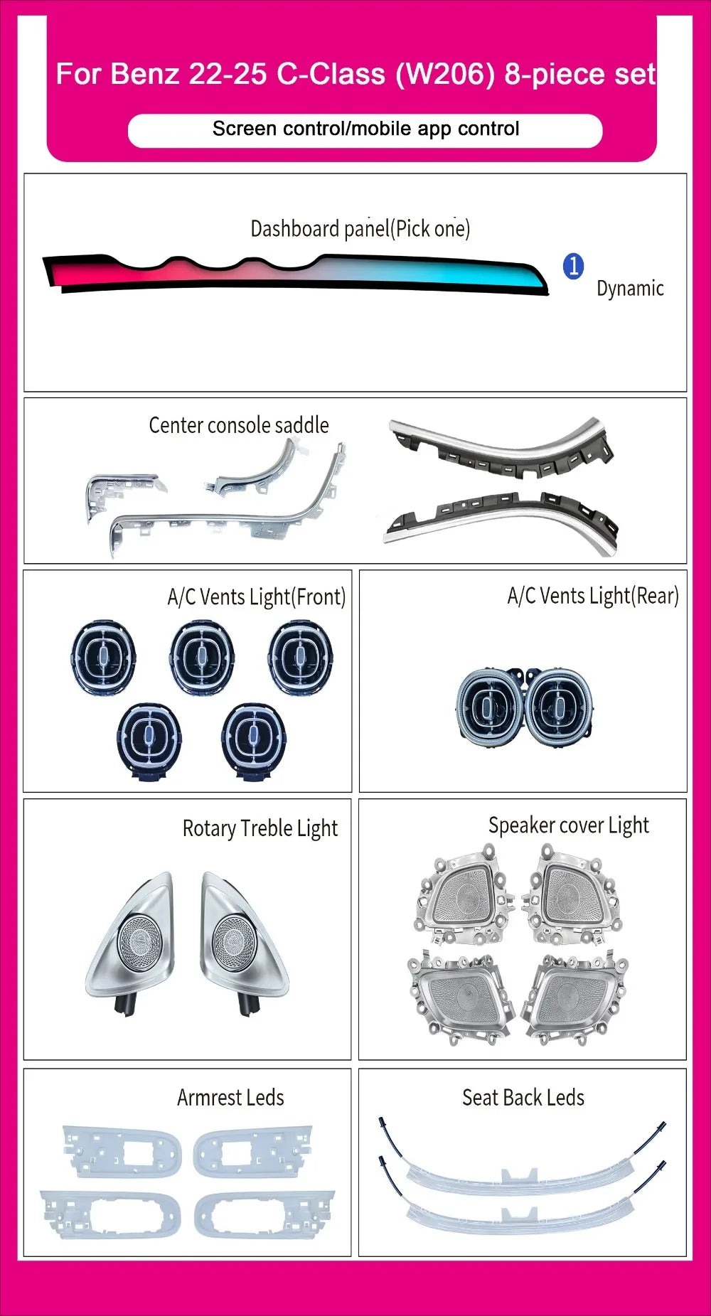 Ambient Light for Mercedes-Benz C-Class W206 2022-2025 Passenger Side Dynamic Light Shadow Auto Interior Atmosphere Lighting