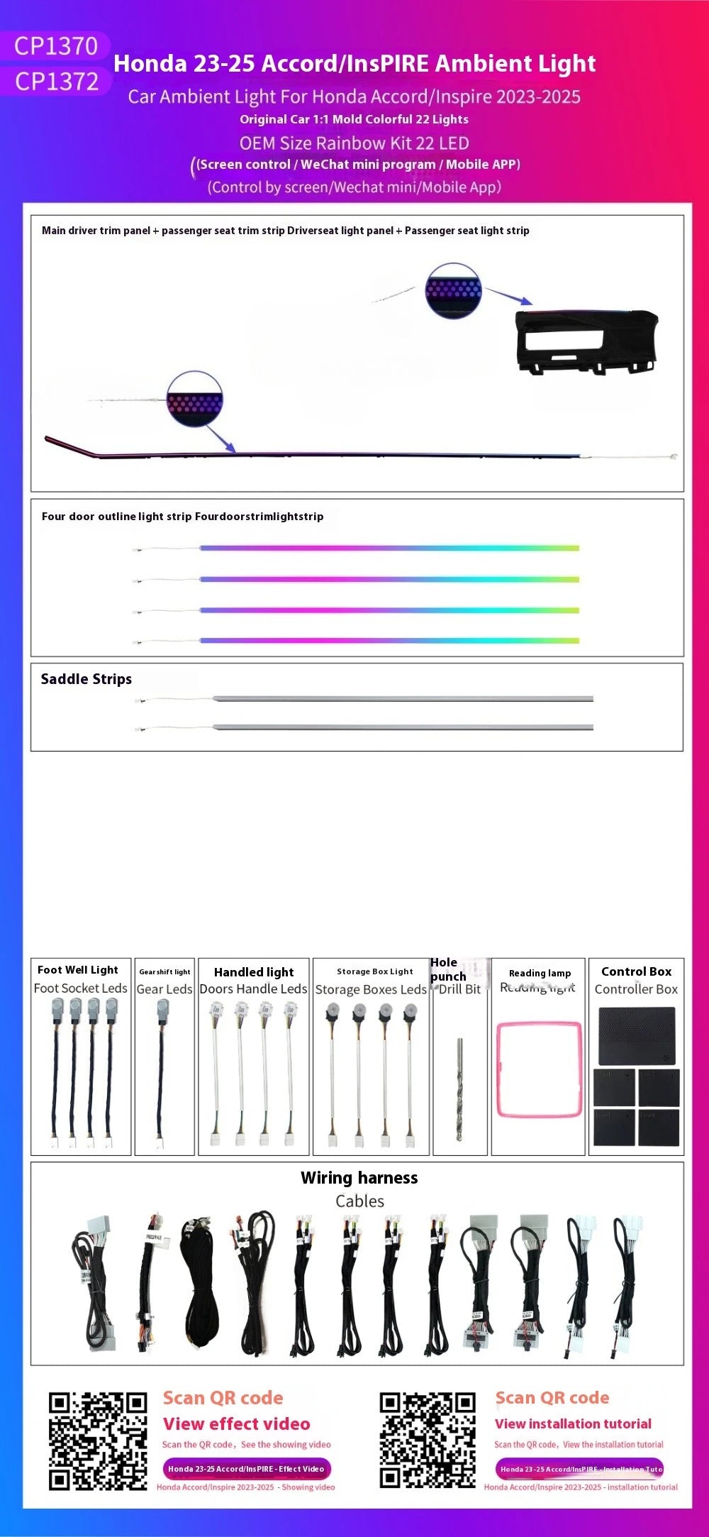 LED Car Inner Ambient light for Honda Accord 11th 2023-2025 Dynamic Ambient Lamp Original Car 1:1 Mold Kit APP Control