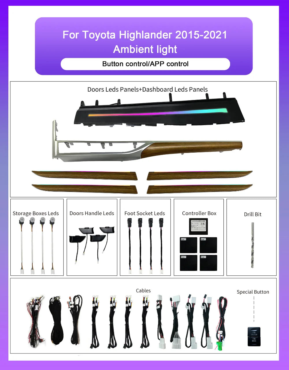 Upgrade 64-color Car Interior Ambient Lighting Kit for Toyota Highlander 2015-2021 Symphony Auto LED Lignts Trim Accessories