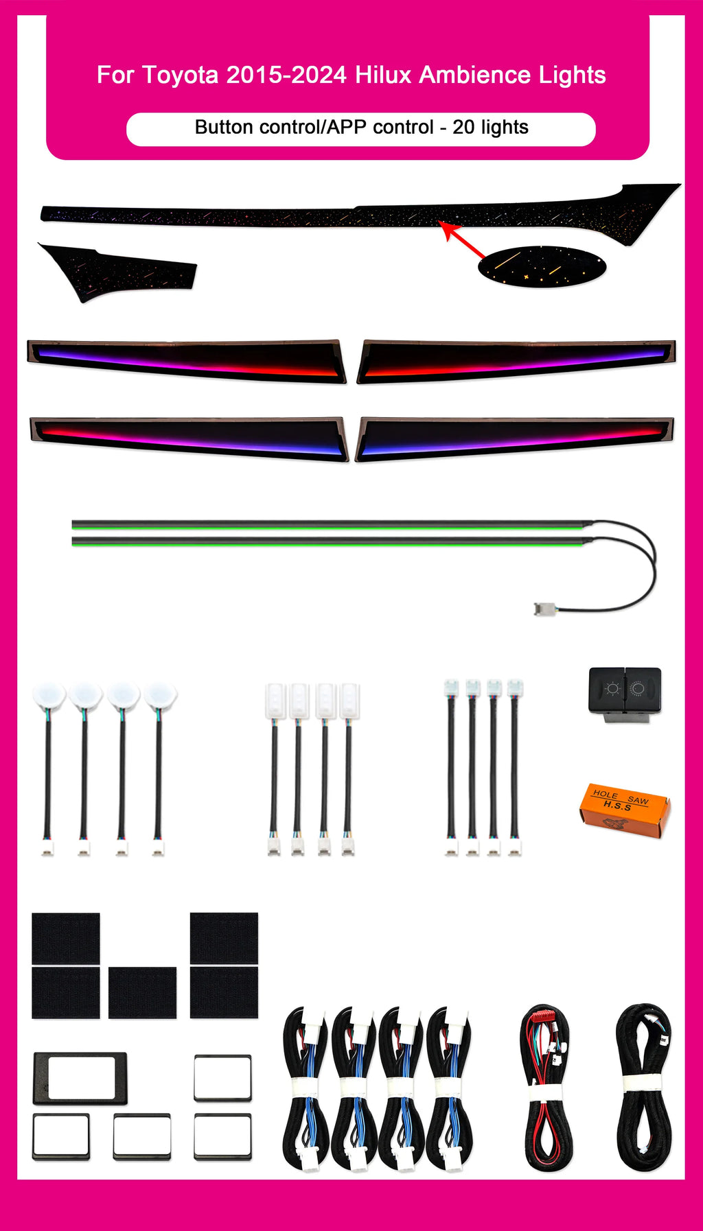 Car LED Interior Light For Toyota Hilux 2015-2024 Models LHD/RHD Dynamic Symphony 64-color Ambient Lighting Trim Accessories