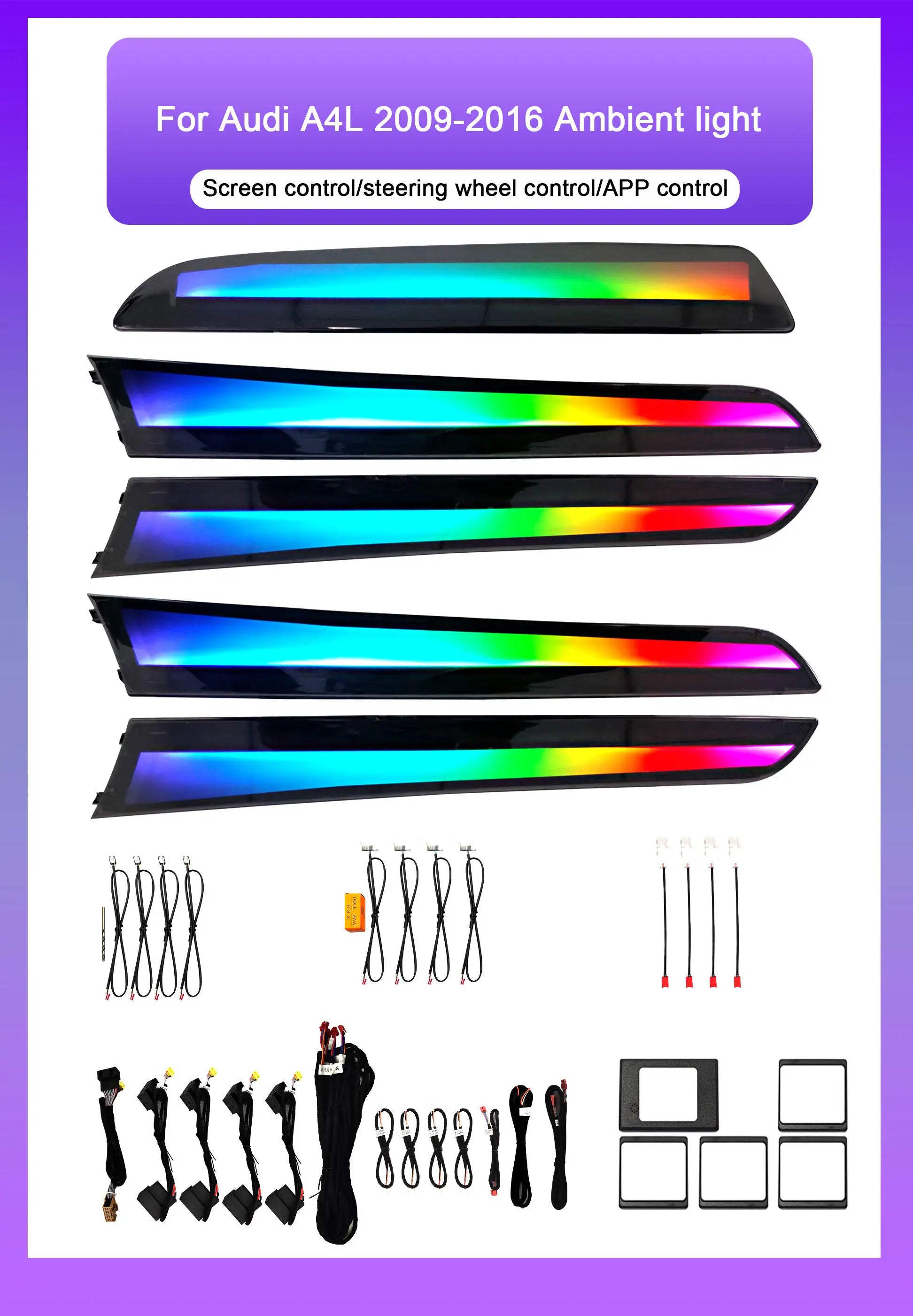 Upgrade 64-color Dynamic Ambient Lighting to 2009-2016 for Audi A4L Car Interior Symphony Rainbow LED Kit