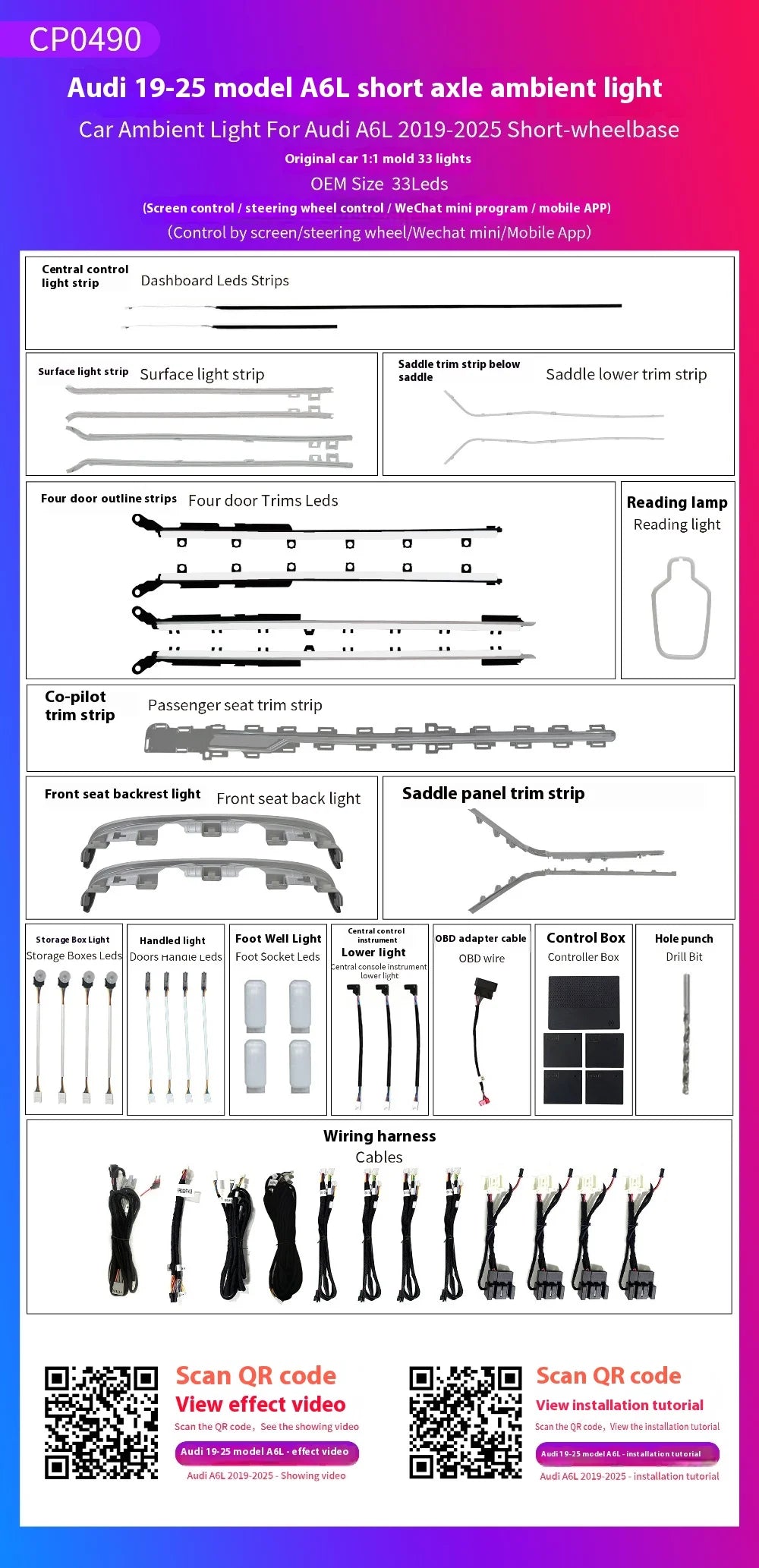 LED Ambient Light for Audi A6 A7 C8 2019-2025 Short-wheelbase 64 color dynamic Atmosphere door Lights Screen/Steering wheel