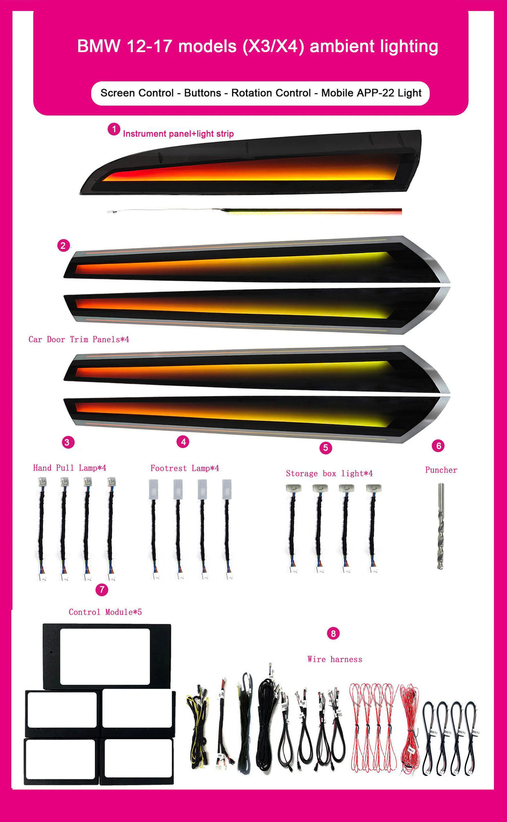 Upgraded Car Interior Ambient Lighting for BMW X3/X4 F25/F26 2012-2017 Models Dynamic Symphony 64-color Ambient Light Kit