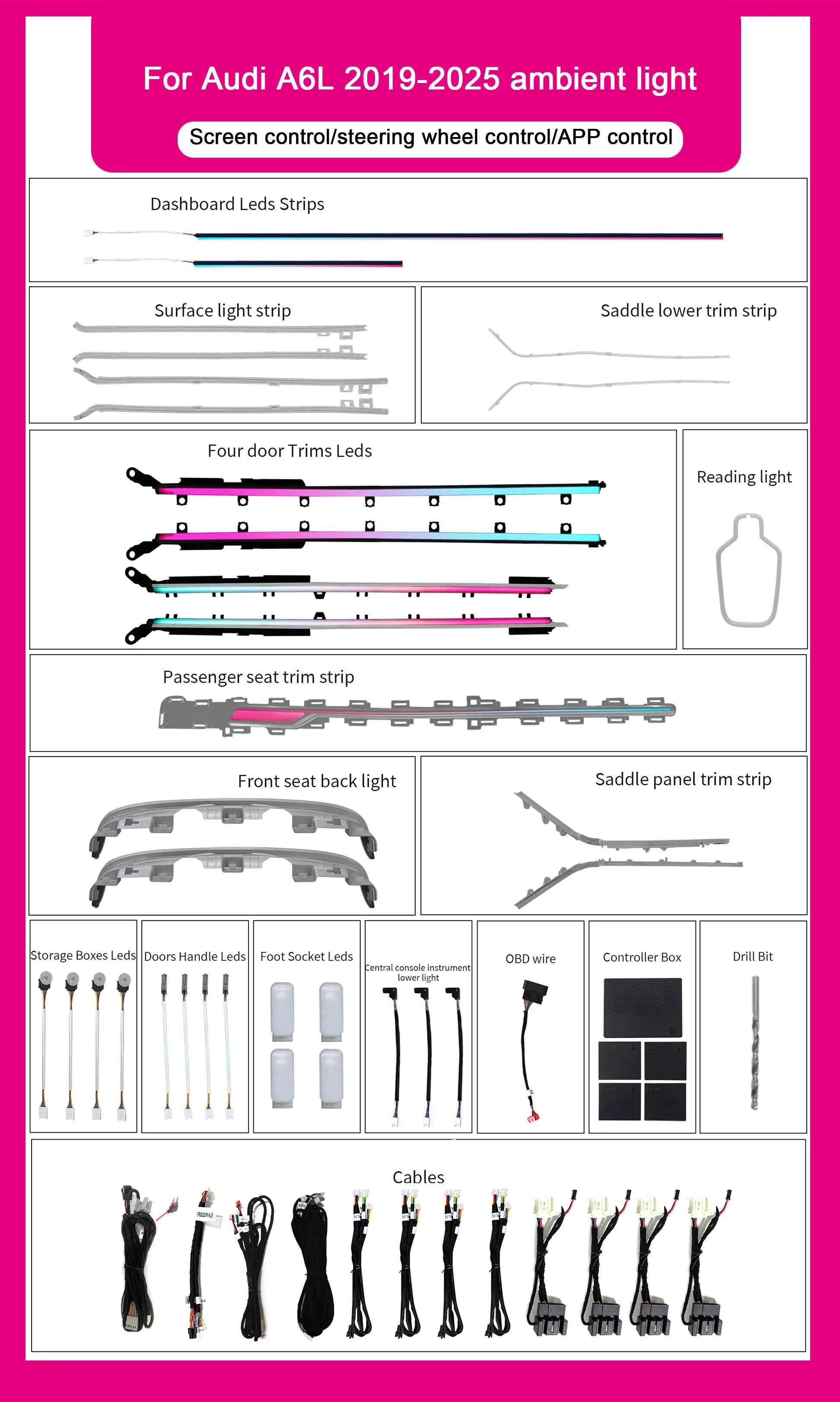 Car 64 Colors Active Lighting For Audi A6L C8 2019-2025 Interior LED Symphony Rainbow Ambient Light Decorative Accessories