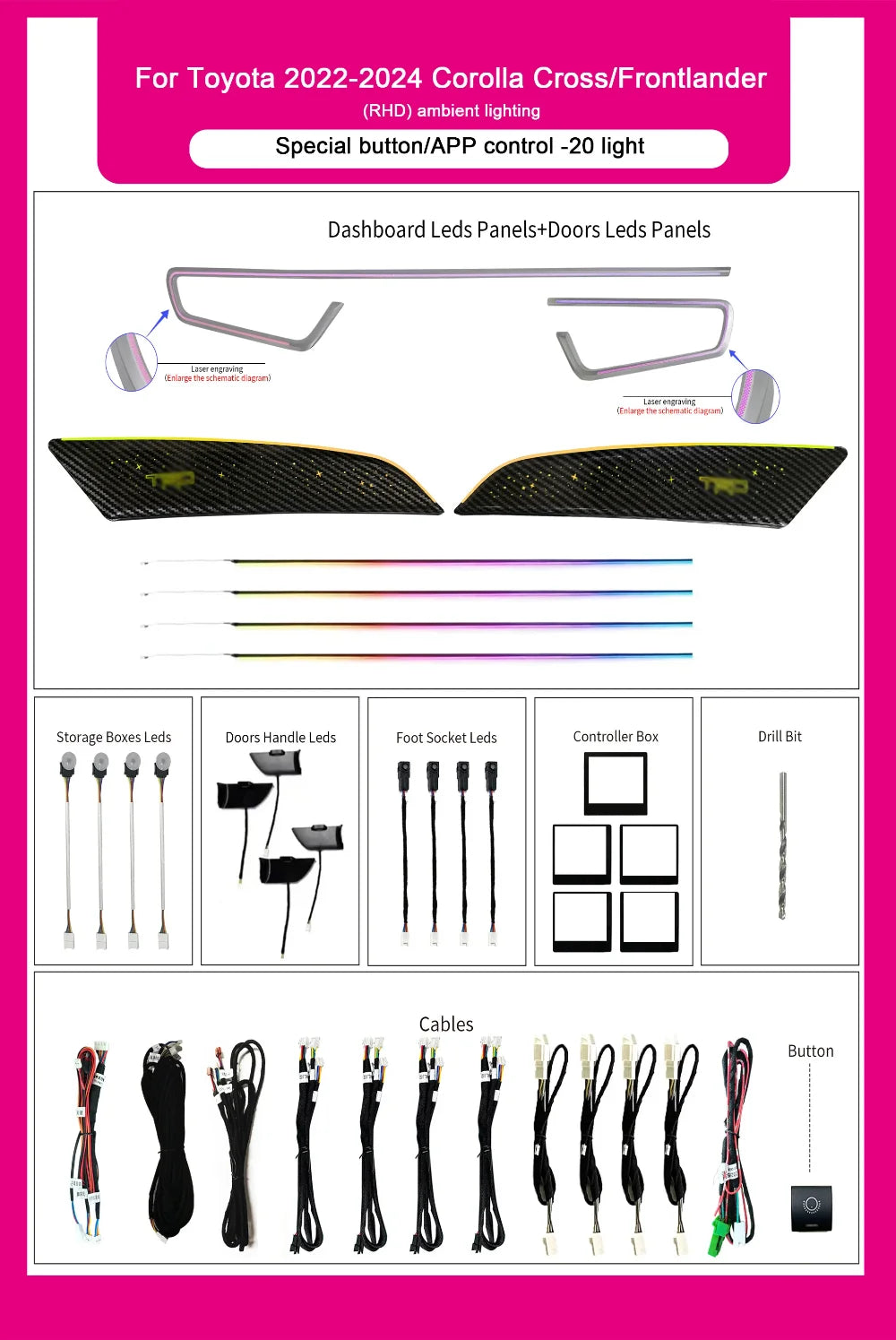 Upgrade Car Interior LED LHD/RHD Colorful Lights 64-color Ambient Lighting Kit For Toyota COROLLA CROSS 2022-2025