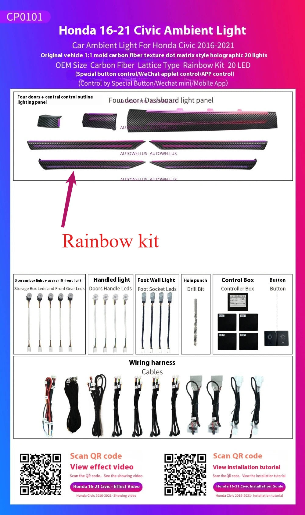 LED Car Inner Ambient light for Honda Civic 2016-2021 OEM Design Dynamic Ambient Lamp Original Car 1:1 Mold Kit APP Control