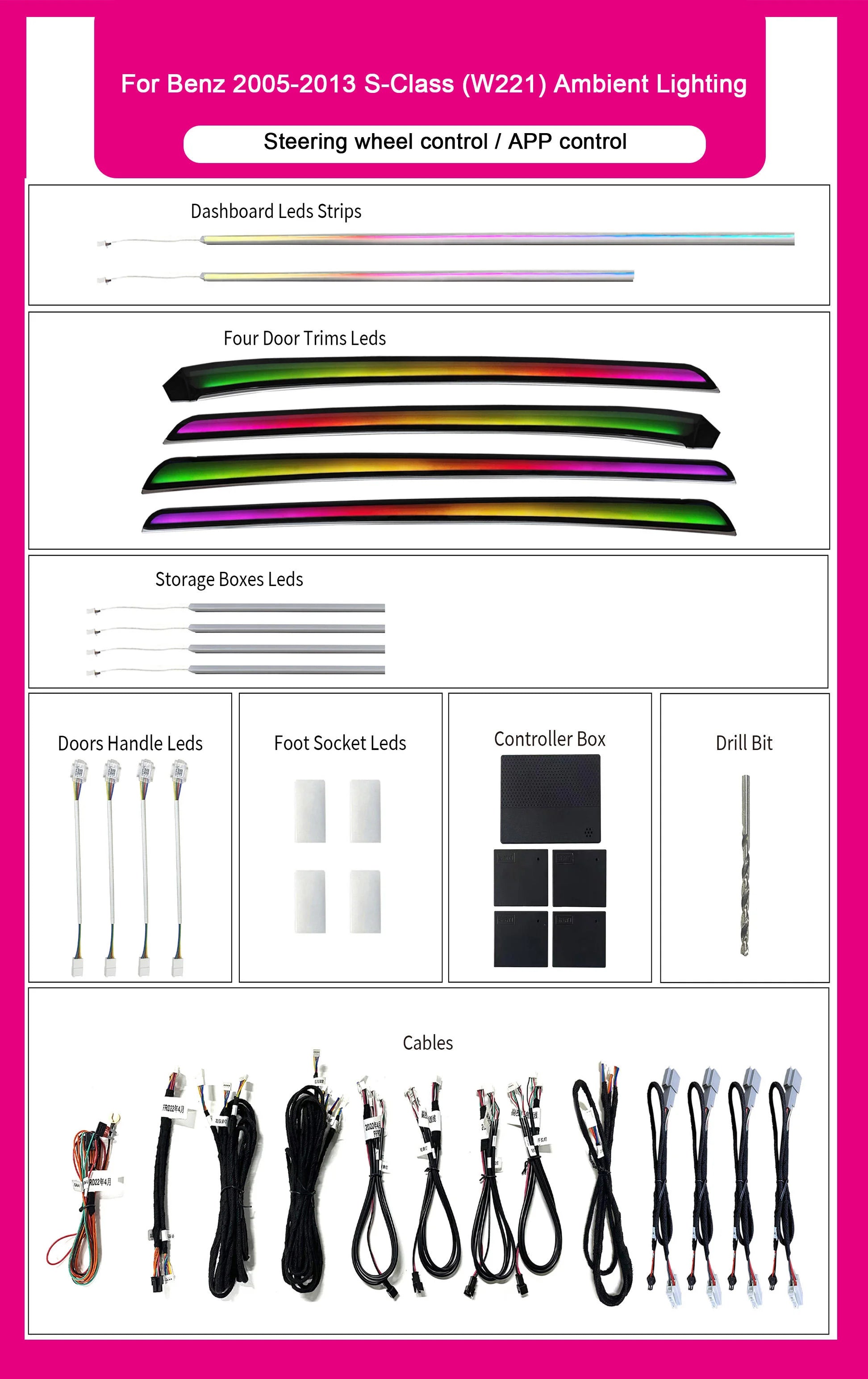 64-color Car Interior APP Control Ambient Light For Mercedes-Benz S-Class W221 2006-13Dynamic Auto Car Atmosphere Lamp Component