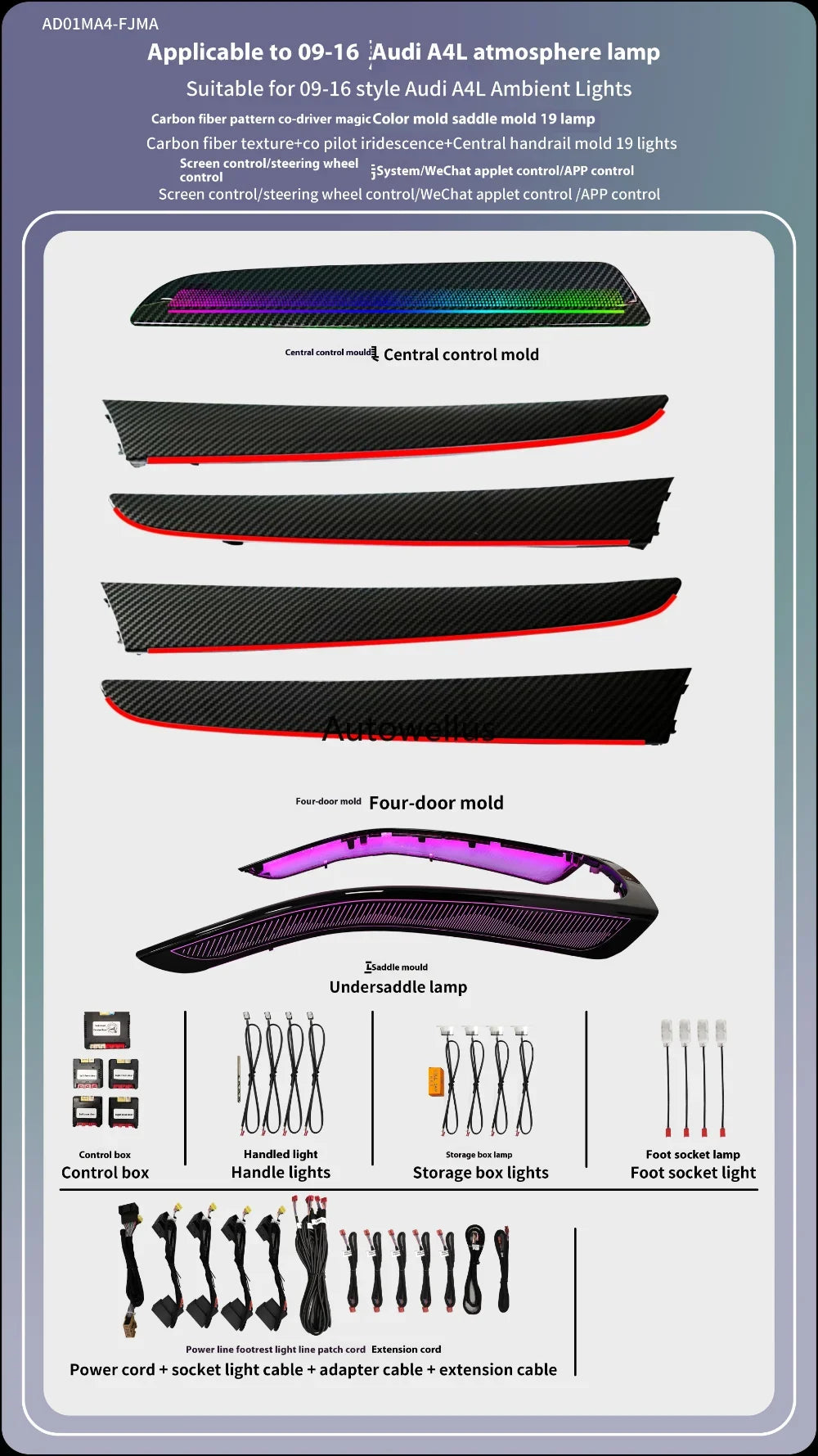 Auto Accessaries21-color Door Dashboard Panel For Audi A4 B8 2009-2016 Button APP Contorl LED Atmosphere Lamp Luminous Strip Amb