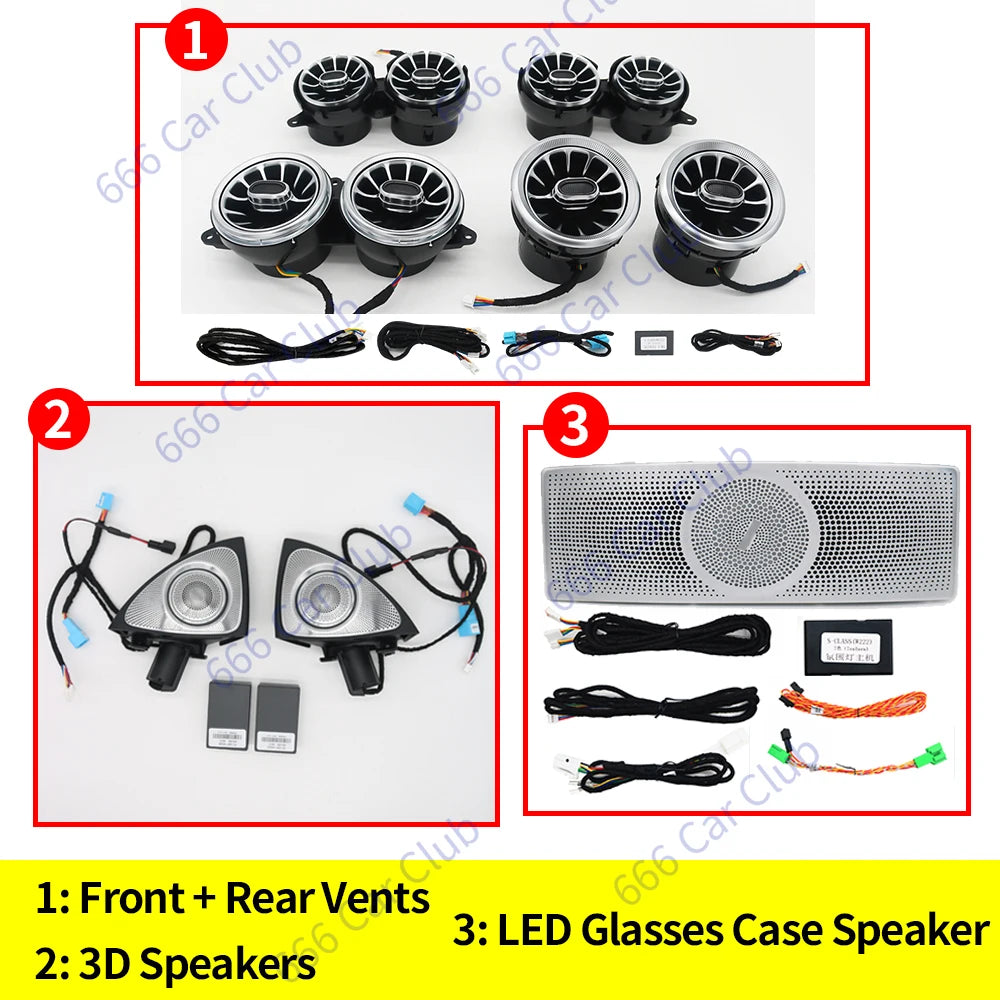 7/64 Color LED Air Vent for Mercedes-Benz S-Class W222 S400 S450 S320 S350 3D/4D Rotary Speaker Interior Decorative Strip