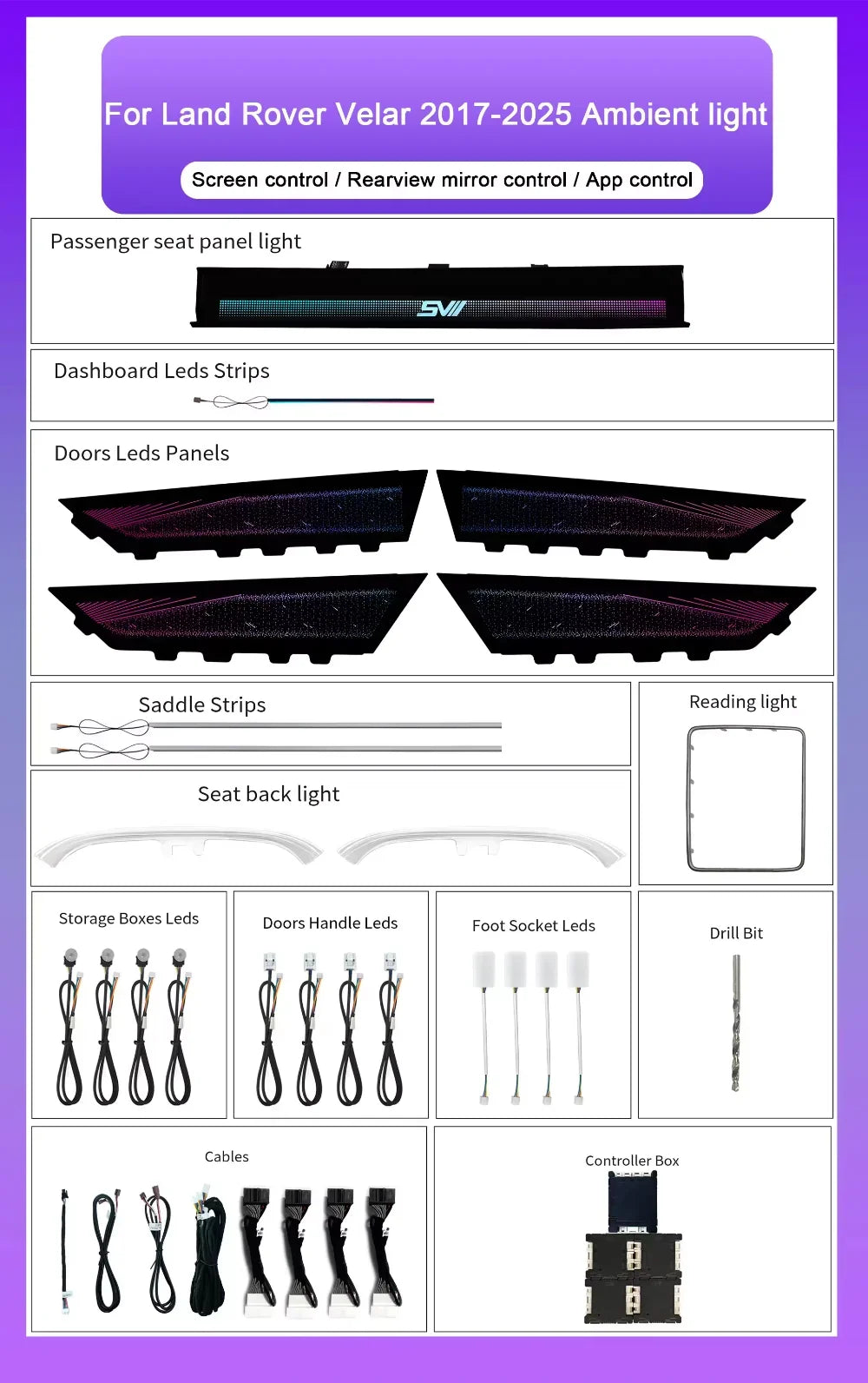 Car Interior Ambient Lighting Dynamic Symphony 64-color LED Auto Atmosphere Light Kit for Land Rover Velar 2017-2025