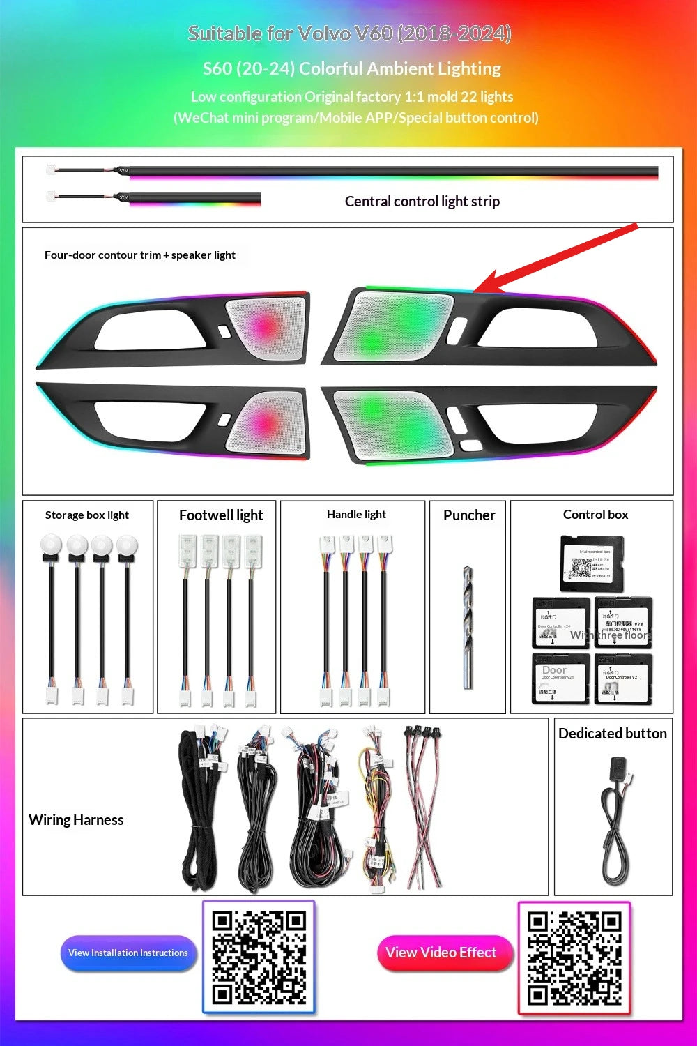 Auto 64 Colors Colorful Ambient Light for Volvo S60 XC60 2018-2025 Car Interior LED Atmosphere Light Accessories Decoration