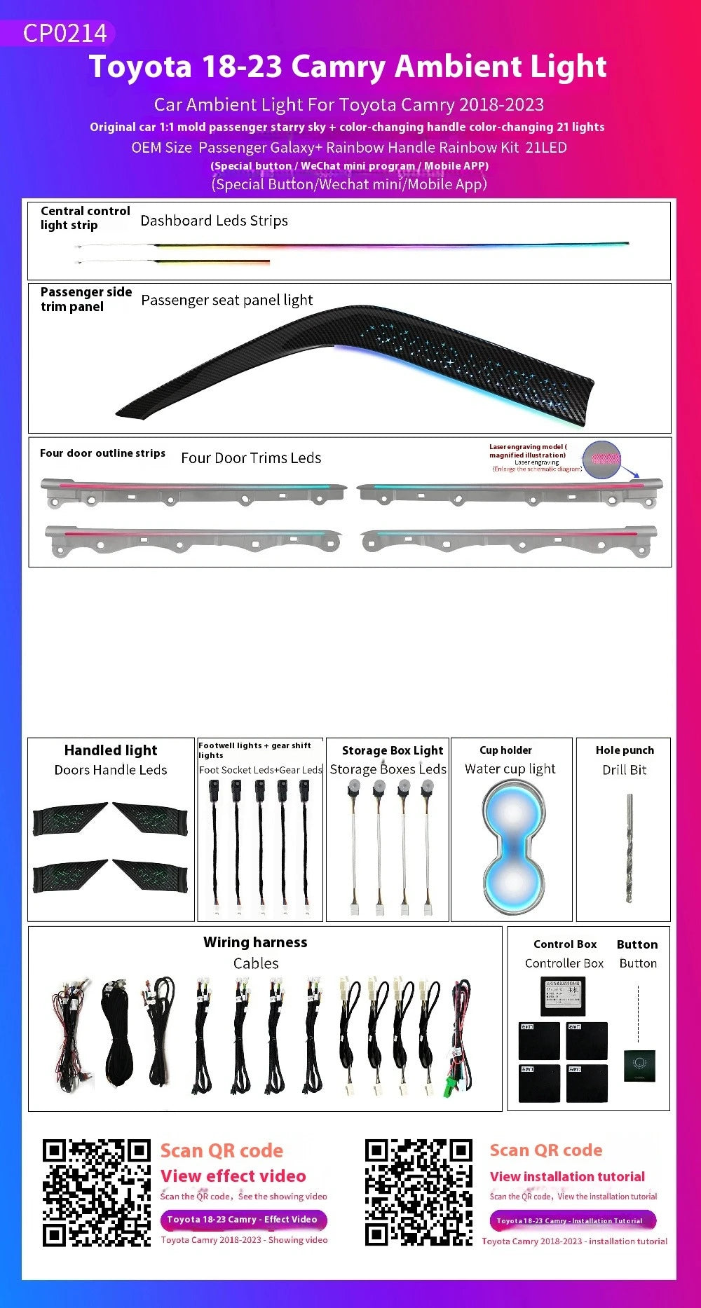 LED Car Inner Ambient light For Toyota Camry 2018-2023  Dynamic Ambient Lamp Original Car 1:1 Mold Kit Button APP Control