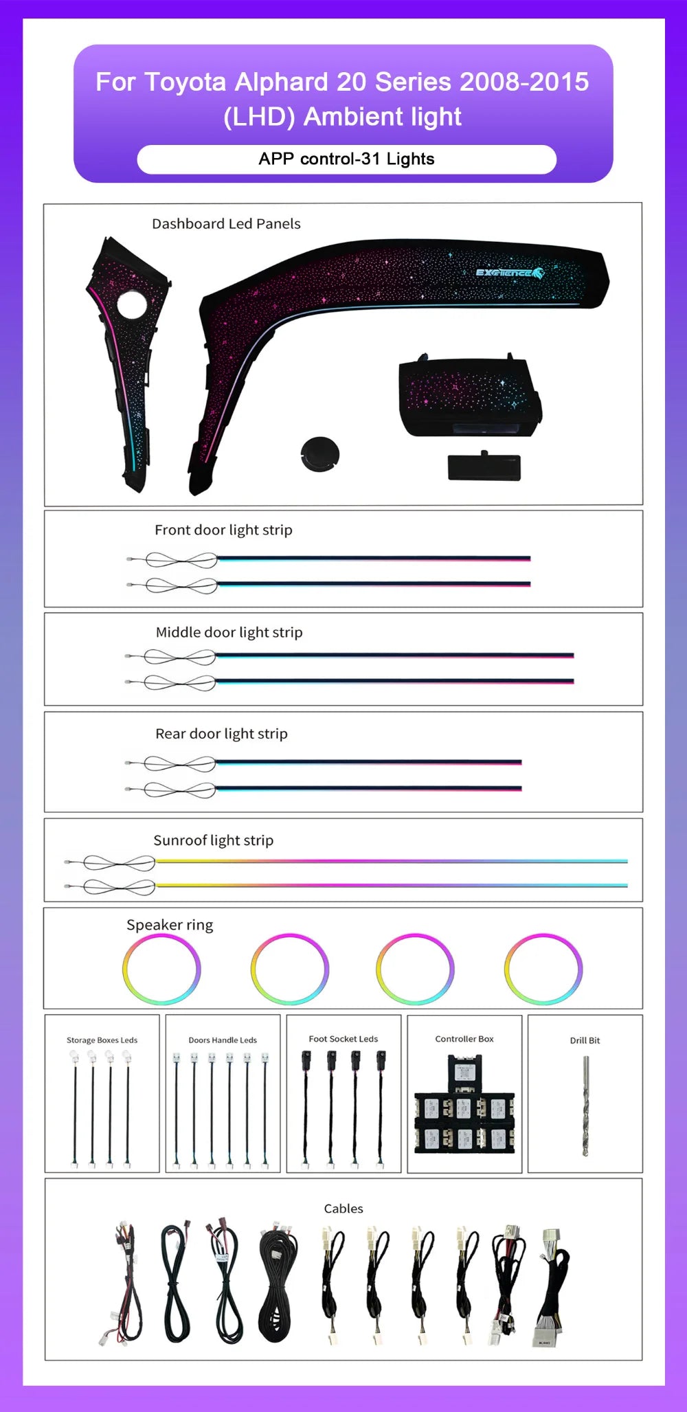 Car Ambient Lighting for Toyota 20 Series Alphard 2008-2015 Models LHD/RHD Dynamic Interior 64-color LED Atmosphere Light