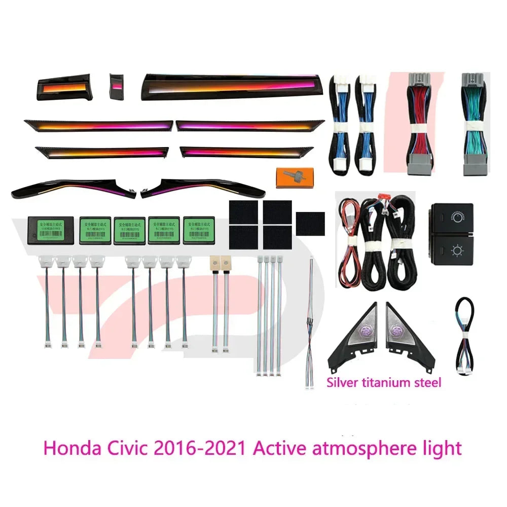 Auto Accessaries64 Colors LED Ambient Light For Honda Civic 10th 2016-2021 Dynamic Ambience Lamp Button +APP Control