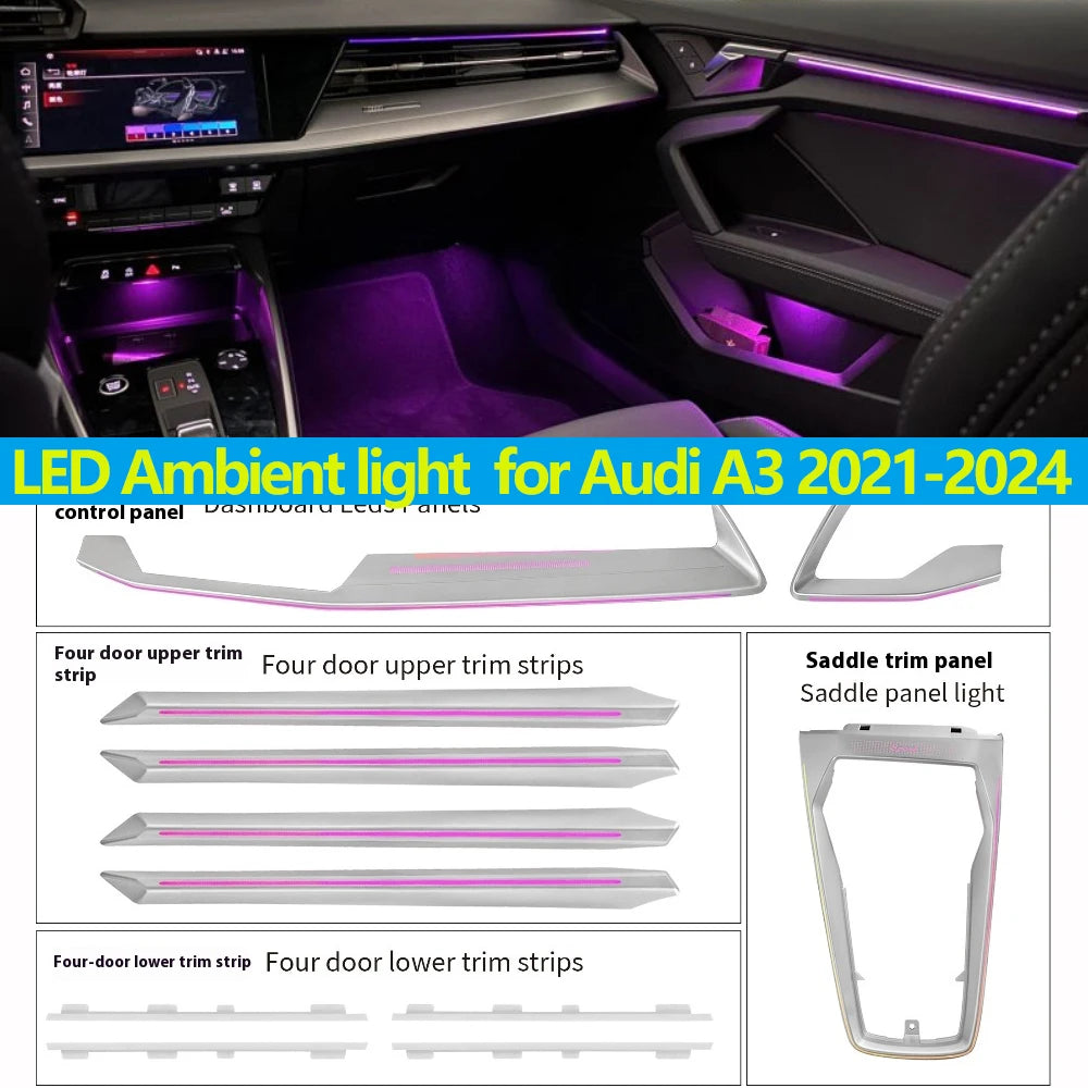 Screen APP Control LED Atmosphere Lamp Decorative Centre Console Strip Ambient Light For Audi A3 2021-2024 Saddle Panel Lamp