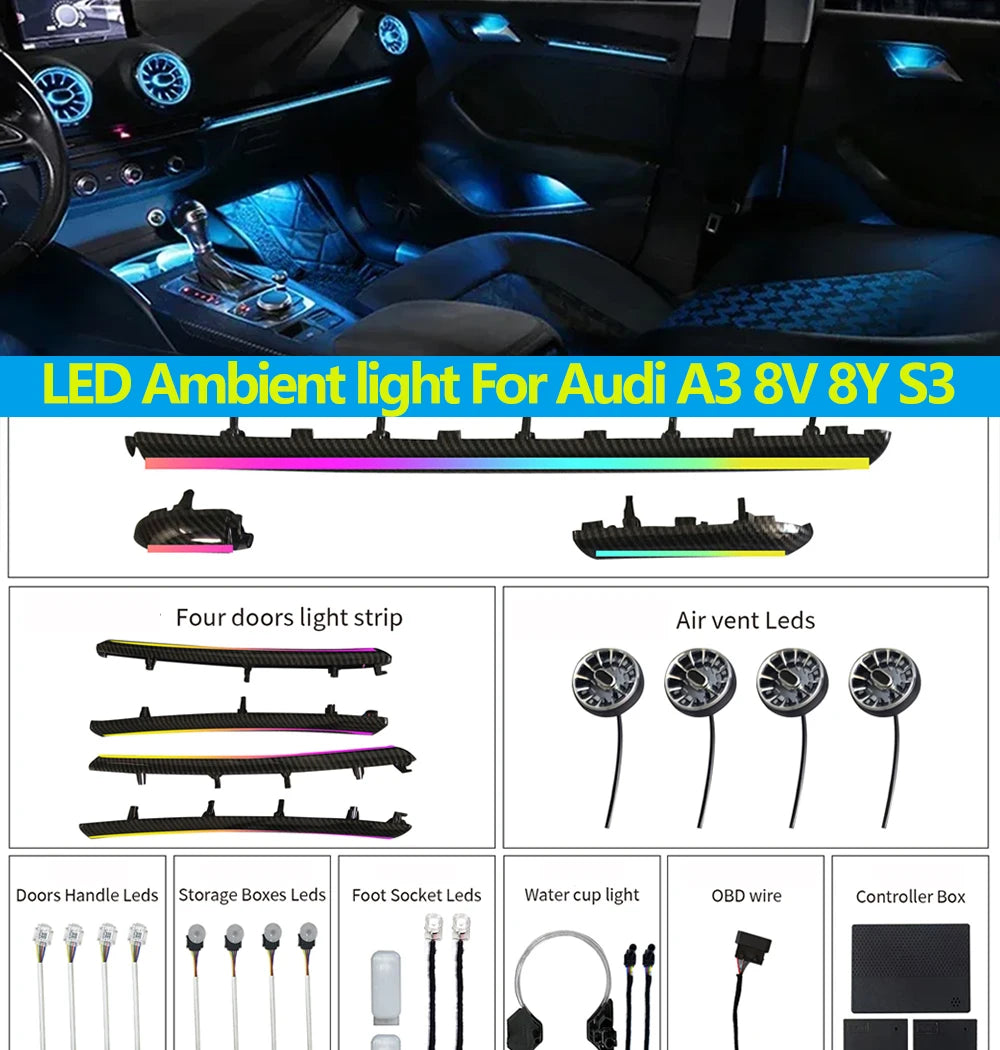 OEM Size 25 Leds Rainbow Kit For Audi A3 8V 8Y S3 RS3 2013+ Decorative Ambient Light Air Vent Atmosphere Lamp illuminated Strip