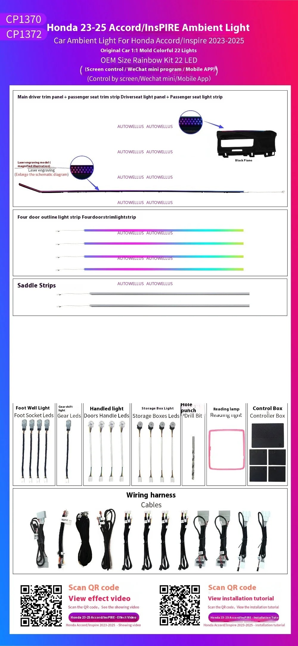 Automotive Inter LED Ambient Light for Honda Accord 11th Gen 2023-2025 64 color dynamic Atmosphere door Panel Light APP control