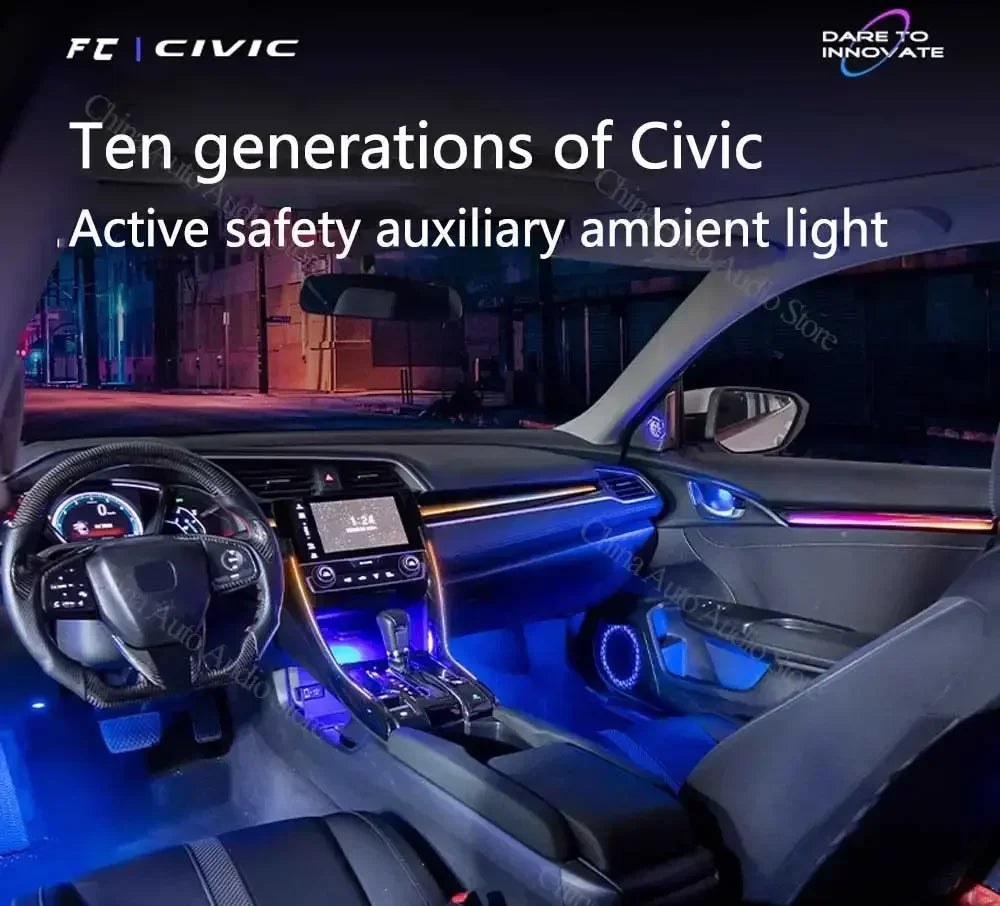 Auto Accessaries64 Colors LED Ambient Light For Honda Civic 10th 2016-2021 Dynamic Ambience Lamp Button +APP Control