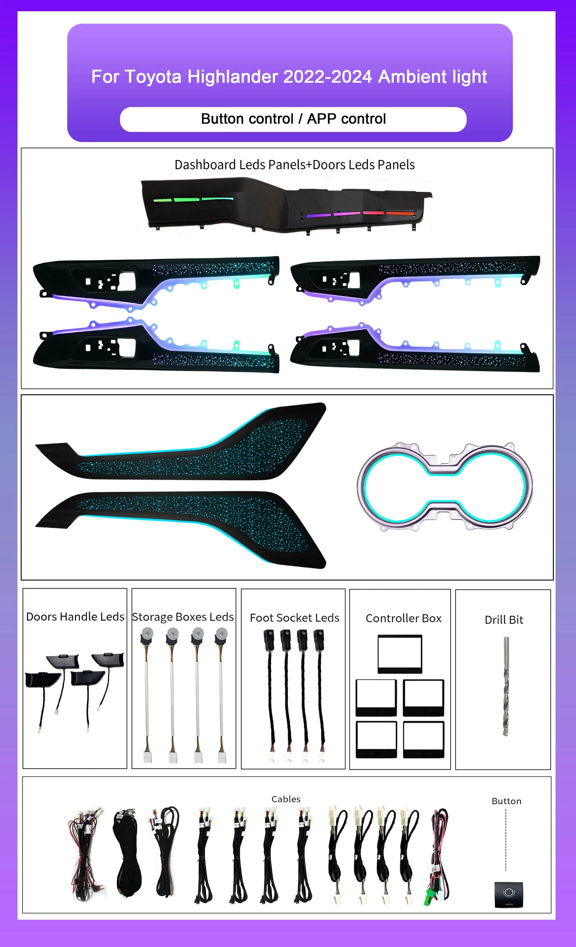 Car Interior LED Accessories For Toyota Highlander/Kluger XU70 2022-2024 64-color Starry Sky Saddle Symphony Ambient Light