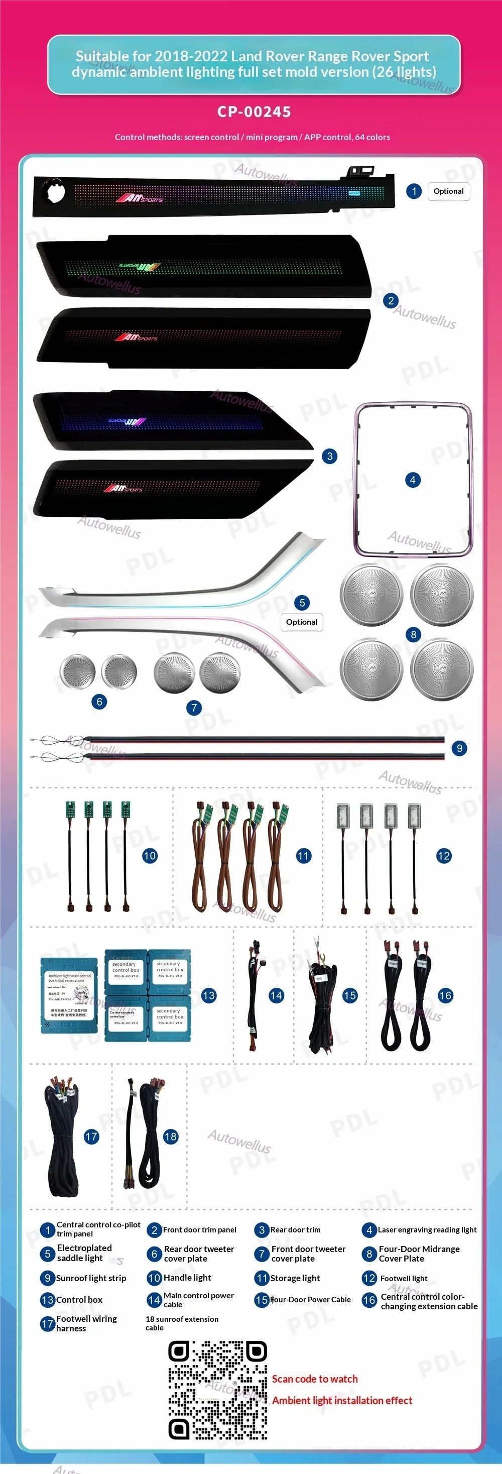 64 Color Car Interior Ambient Lighting for Land Rover Vogue Sport 2014-2017 Auto LED Lights Kit for Decoration Upgrade