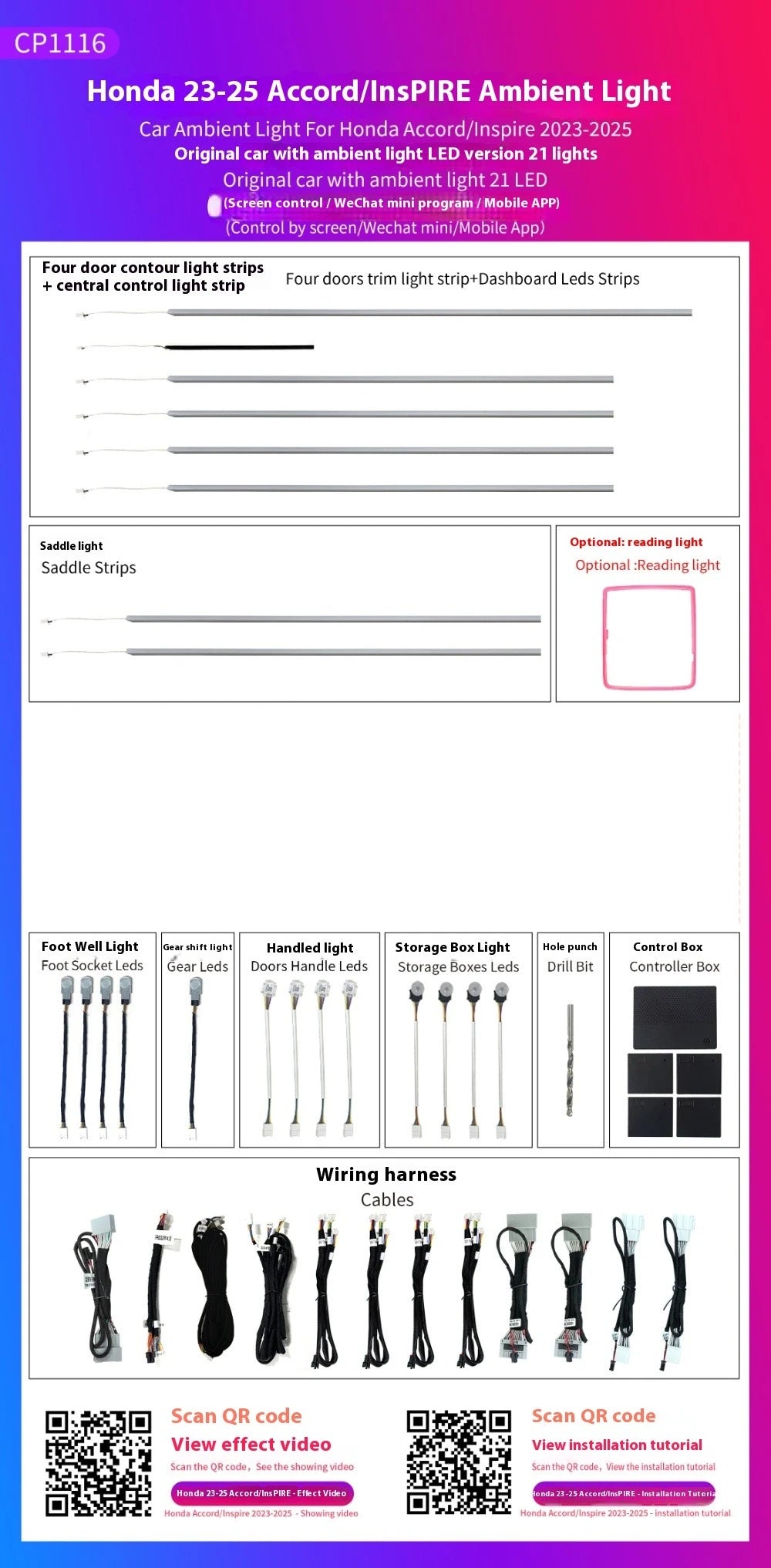 LED Car Inner Ambient light for Honda Accord 11th 2023-2025 Dynamic Ambient Lamp Original Car 1:1 Mold Kit APP Control
