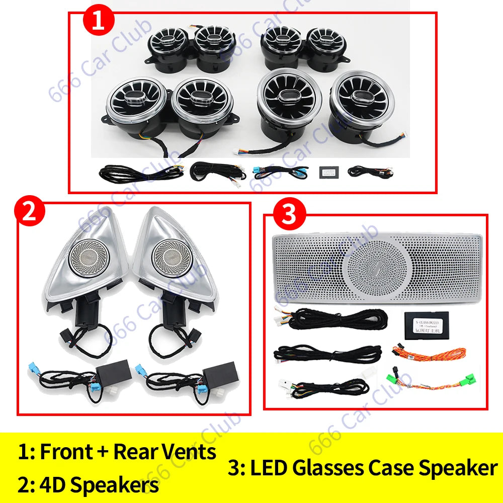 7/8/64 Colour LED Air Vent For Mercedes-Benz S-Class W222 S400 S450 S320 S350 3D Rotary Speaker RGB Turbine Nozzle Ambient Light