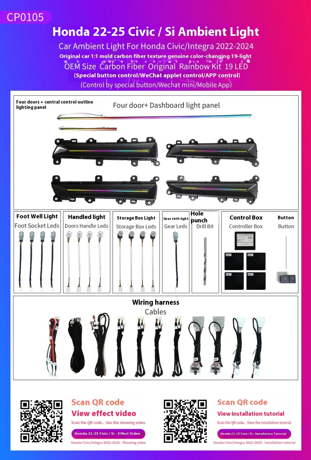 LED Car Inner Ambient light for Honda Civic 11TH 2022-2025 OEM Design Dynamic Ambient Lamp Original Car 1:1 Mold Kit APP Control