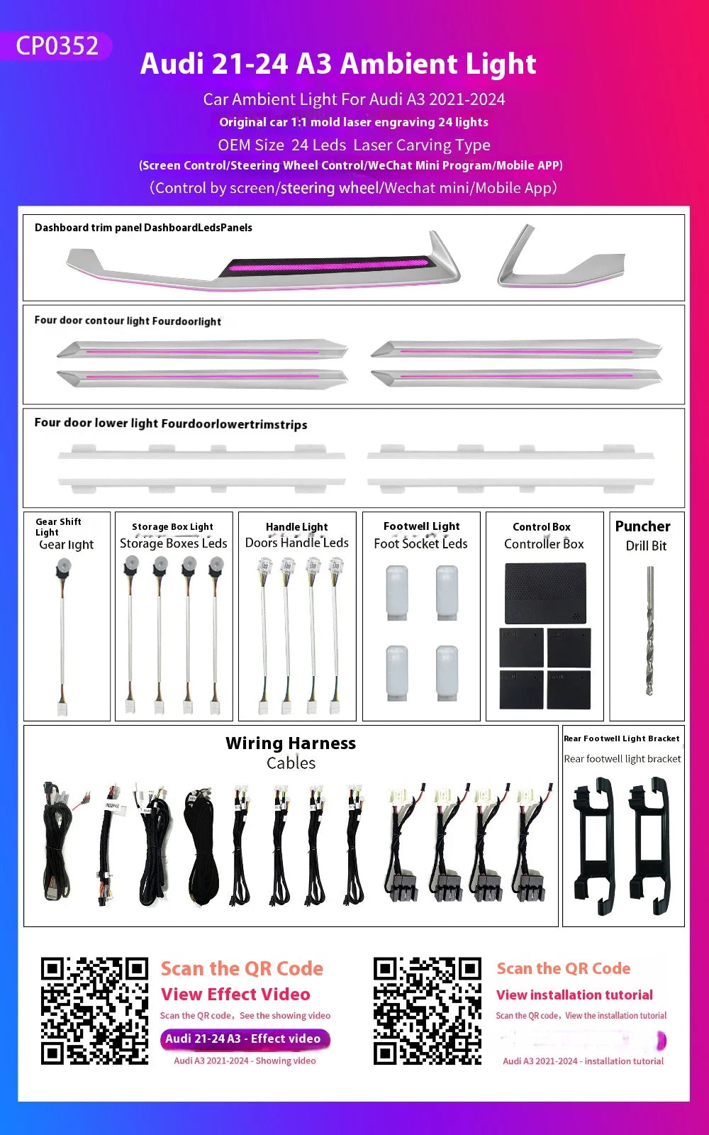 Screen APP Control LED Atmosphere Lamp Decorative Centre Console Strip Ambient Light For Audi A3 2021-2024 Saddle Panel Lamp