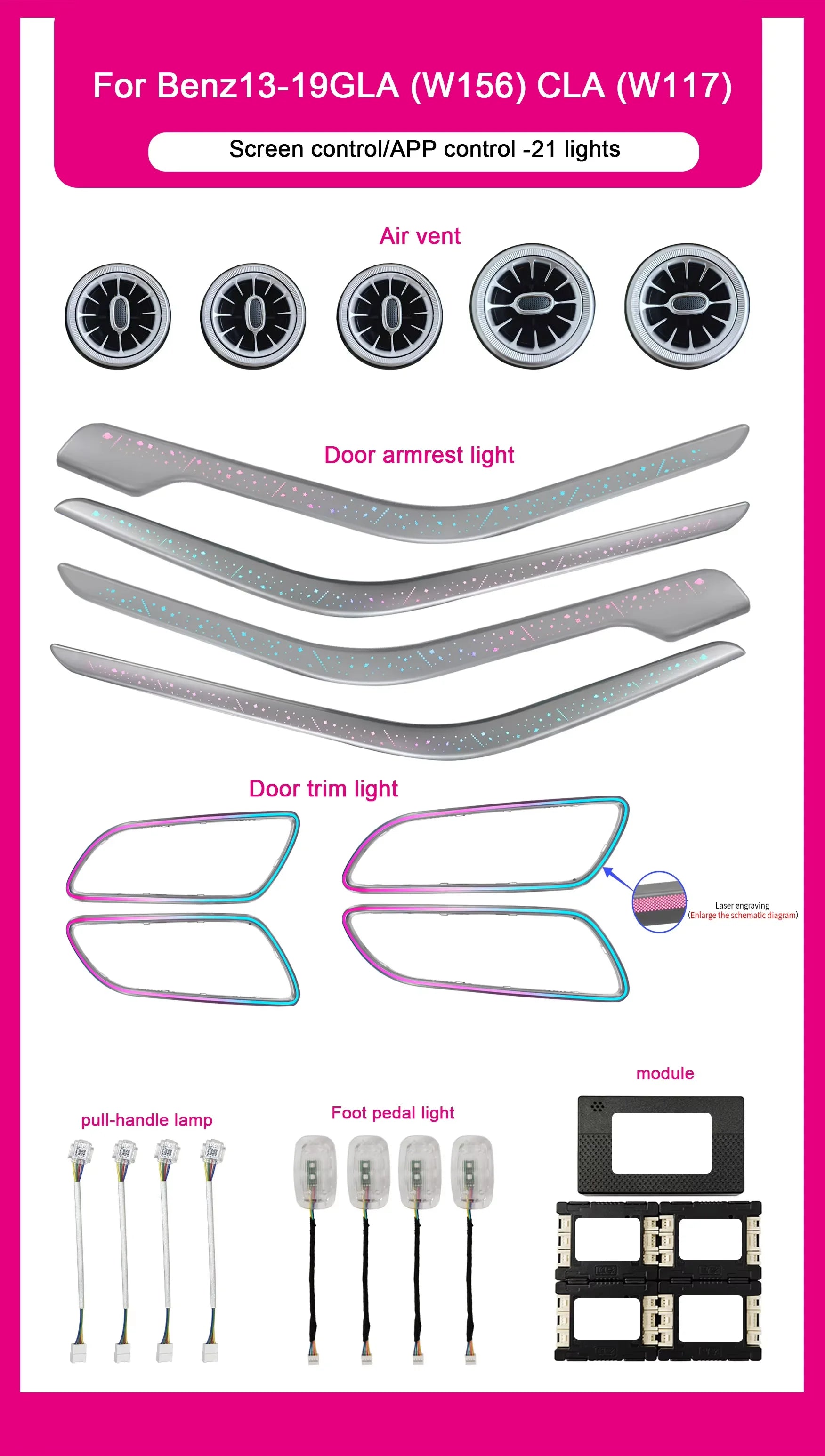 Ambient Lighting For Mercedes Benz GLAW156 2013-2019 Upgraded 256 Color CLAW117 Symphony Ambient Light Interior Rainbow Kit