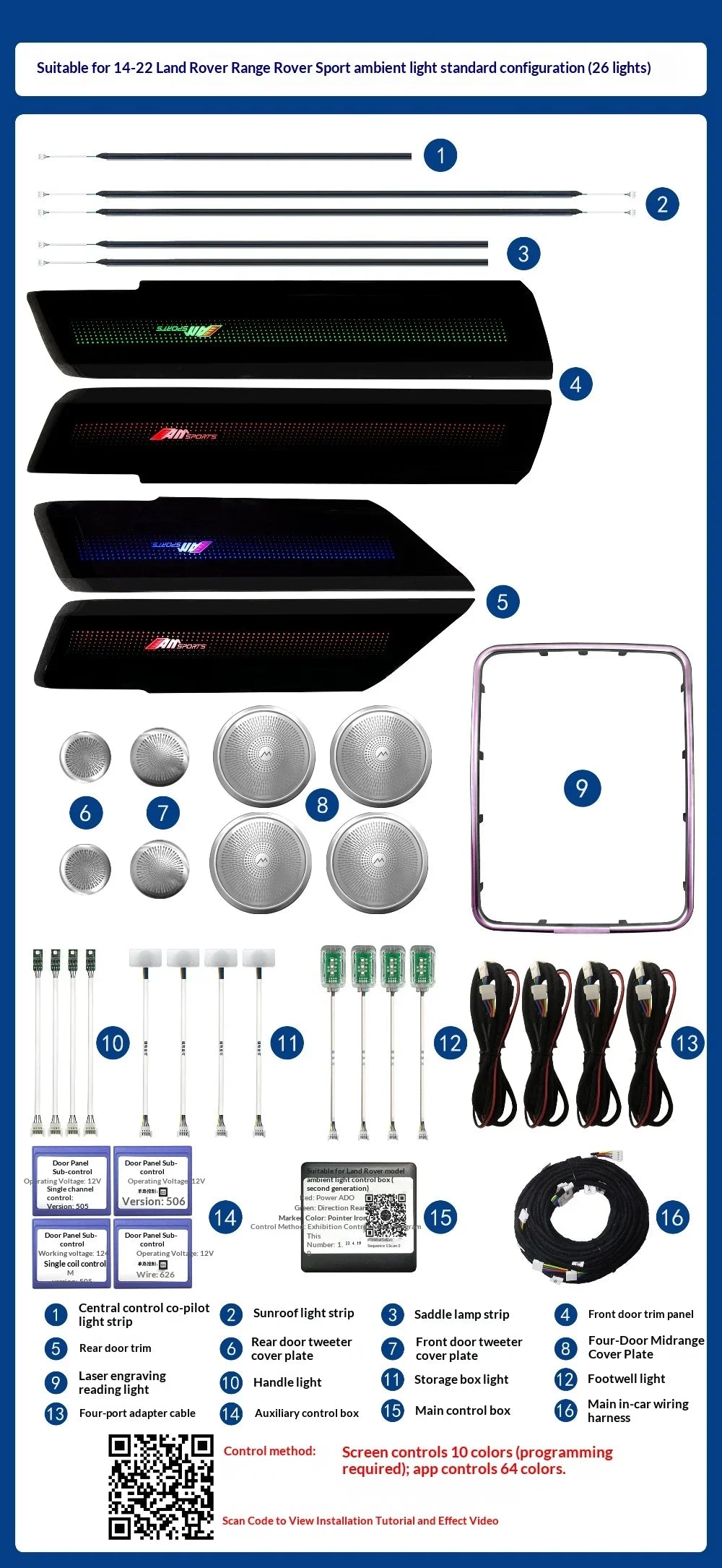 64 Color Car Interior Ambient Lighting for Land Rover Vogue Sport 2014-2017 Auto LED Lights Kit for Decoration Upgrade