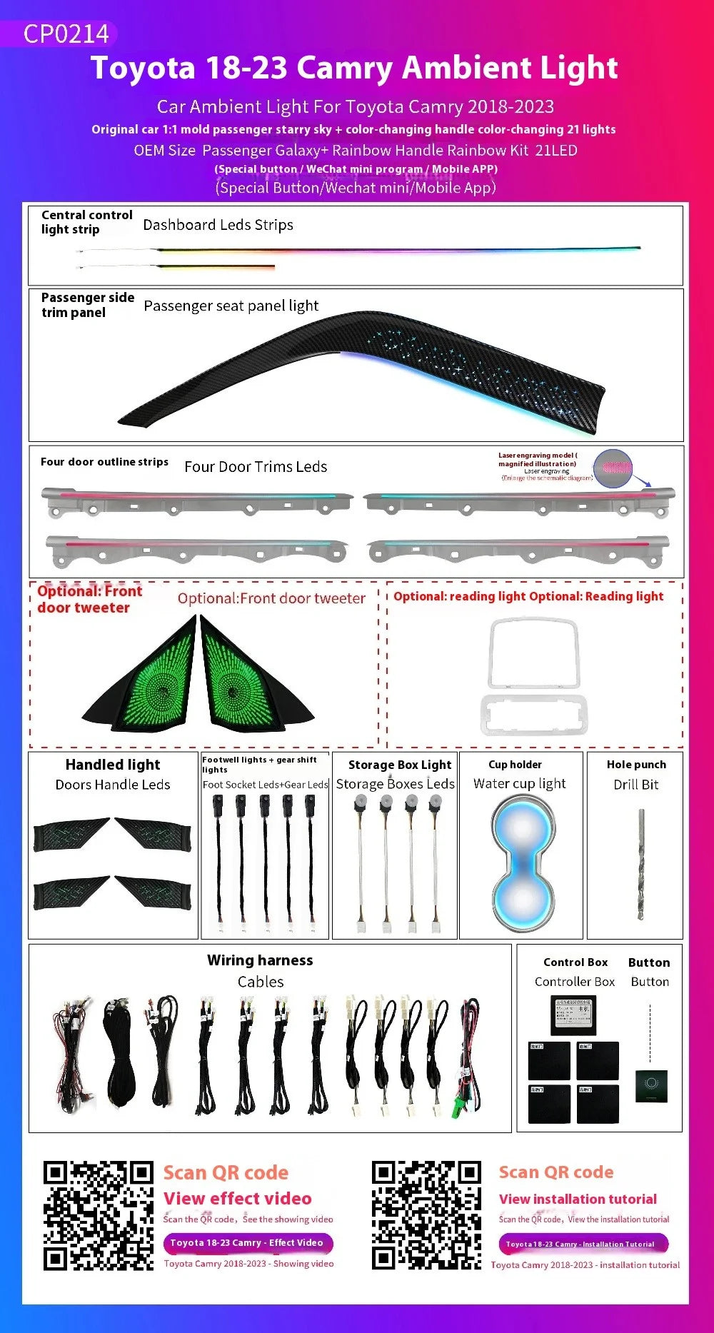 LED Car Inner Ambient light For Toyota Camry 2018-2023  Dynamic Ambient Lamp Original Car 1:1 Mold Kit Button APP Control