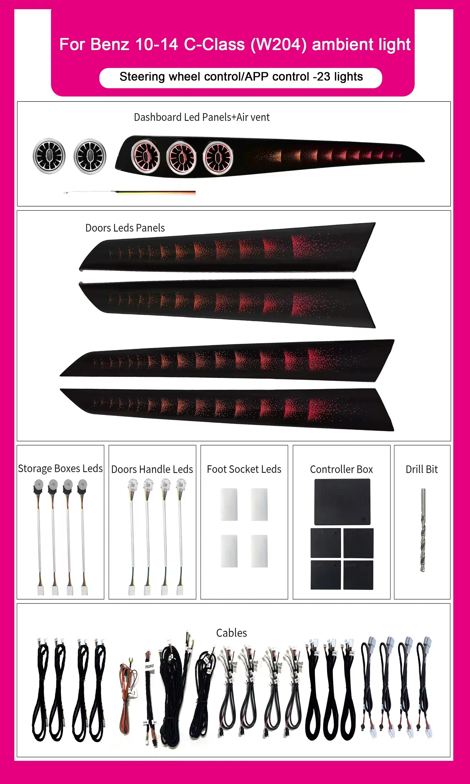 64 Colors Auto Ambient Lighting For Mercedes Benz C-Class W204 Interior Decoration Lights Symphony Rhythm For Car Upgrade