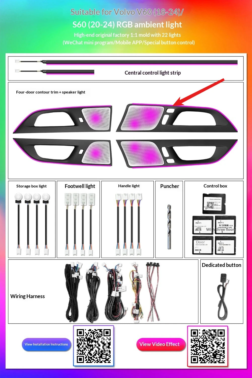 Auto 64 Colors Colorful Ambient Light for Volvo S60 XC60 2018-2025 Car Interior LED Atmosphere Light Accessories Decoration