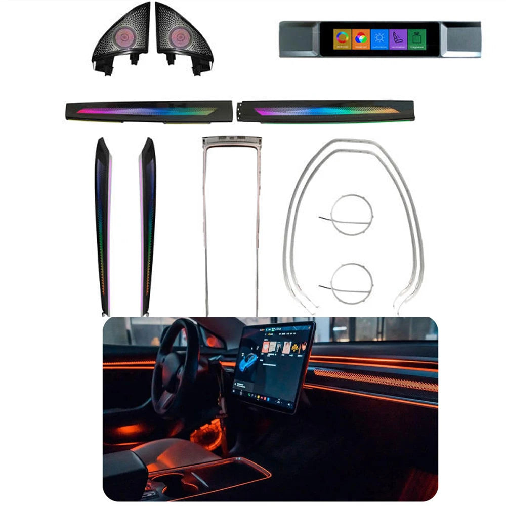 Car RGB Colorful Ambient Light Suitable for Tesla Model Y Laser-engraved LED Symphony Rhythm Lights Model 3 Screen Control