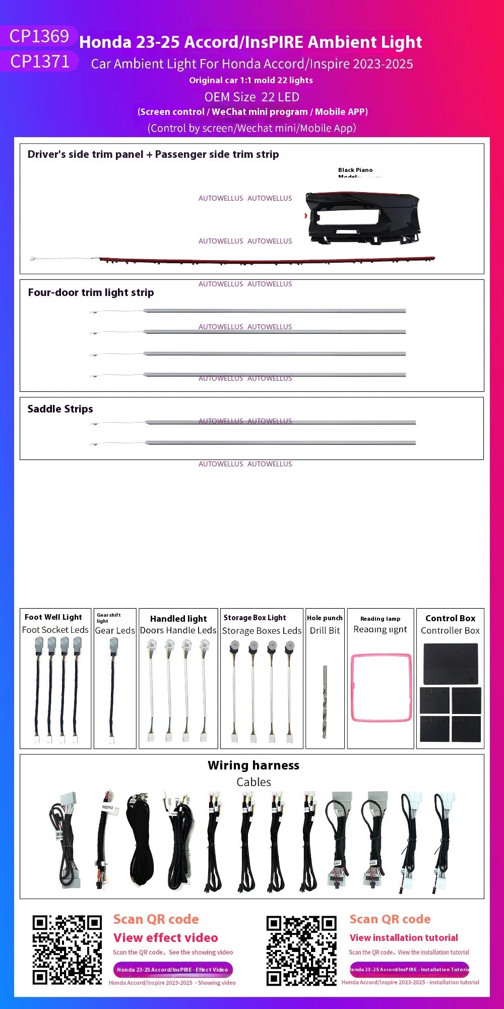 Automotive Inter LED Ambient Light for Honda Accord 11th Gen 2023-2025 64 color dynamic Atmosphere door Panel Light APP control