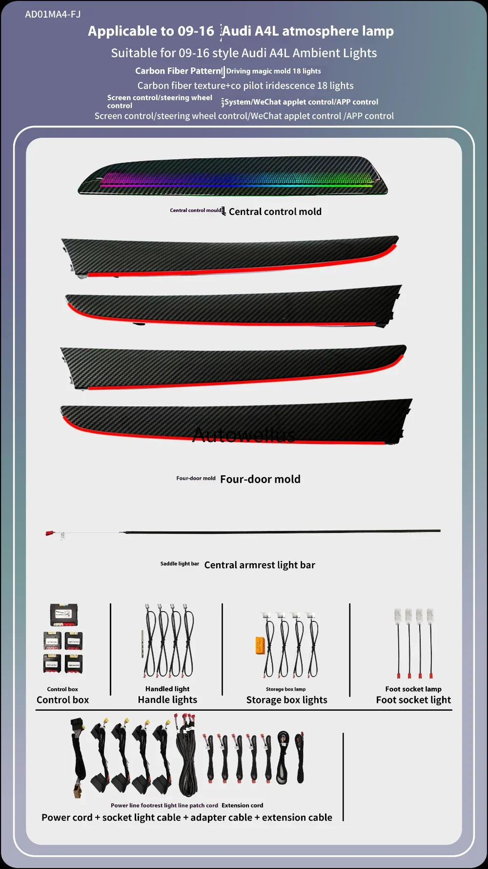 Auto Accessaries21-color Door Dashboard Panel For Audi A4 B8 2009-2016 Button APP Contorl LED Atmosphere Lamp Luminous Strip Amb