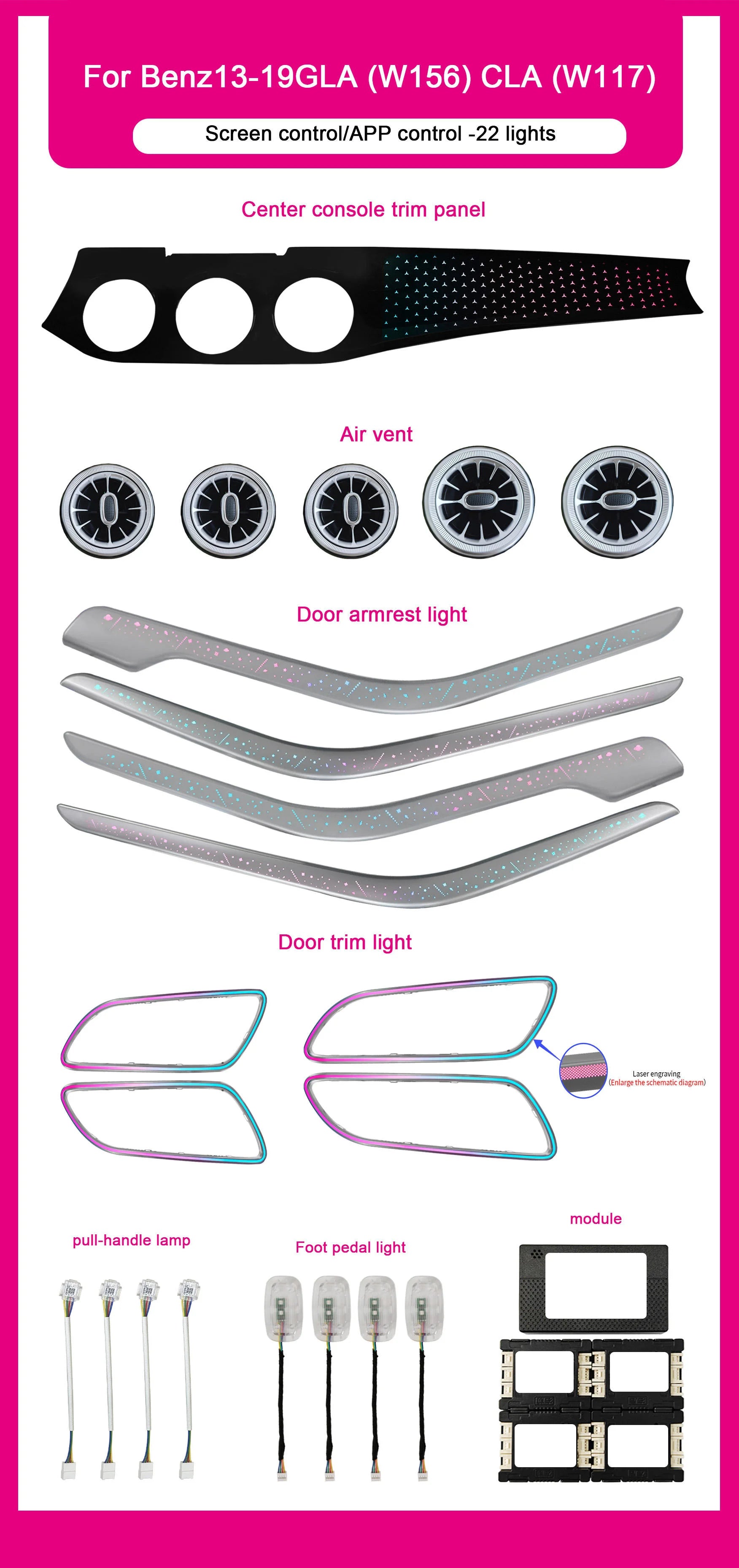 Ambient Lighting For Mercedes Benz GLAW156 2013-2019 Upgraded 256 Color CLAW117 Symphony Ambient Light Interior Rainbow Kit